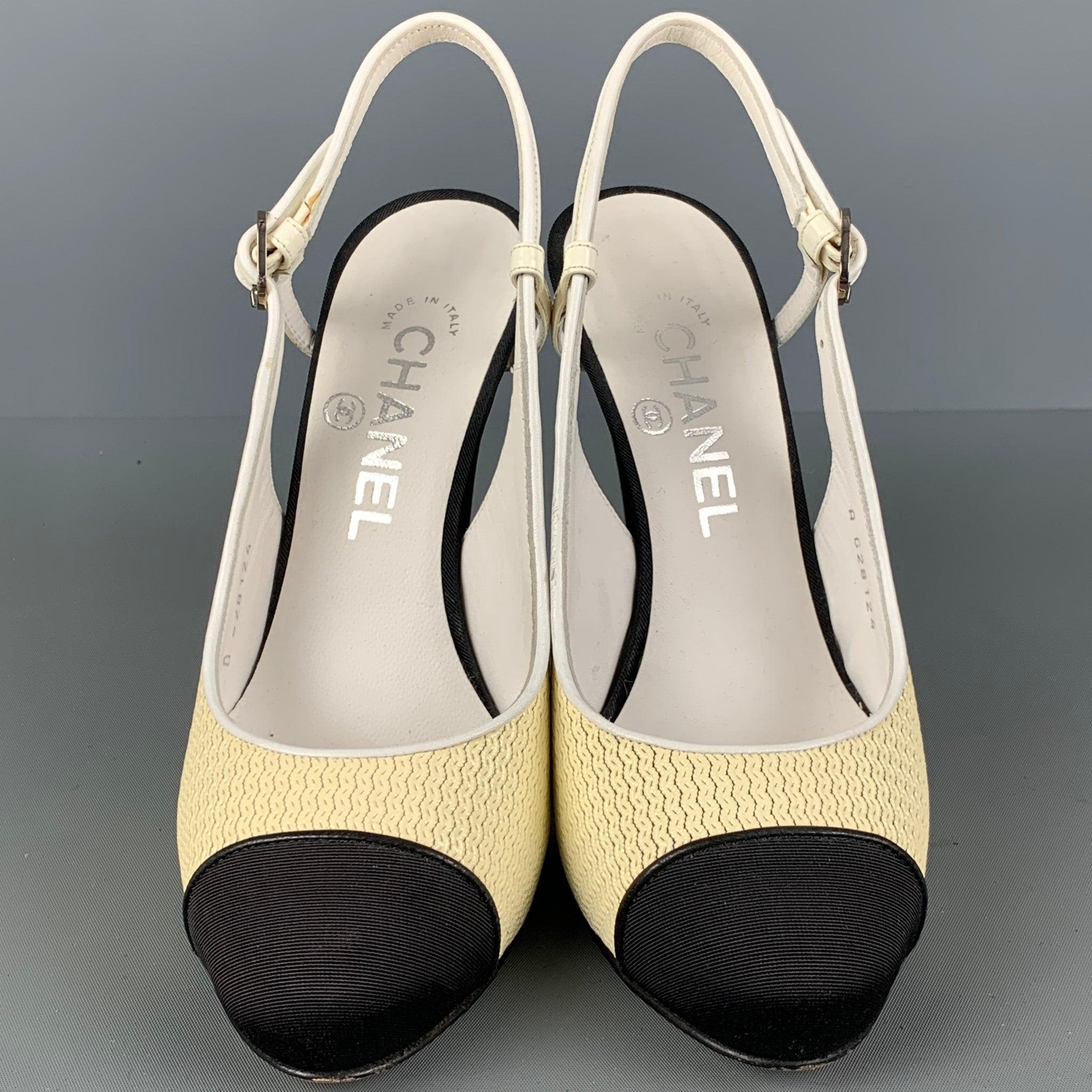 Women's CHANEL Size 6 Cream Black Acetate Color Block Slingback Pumps