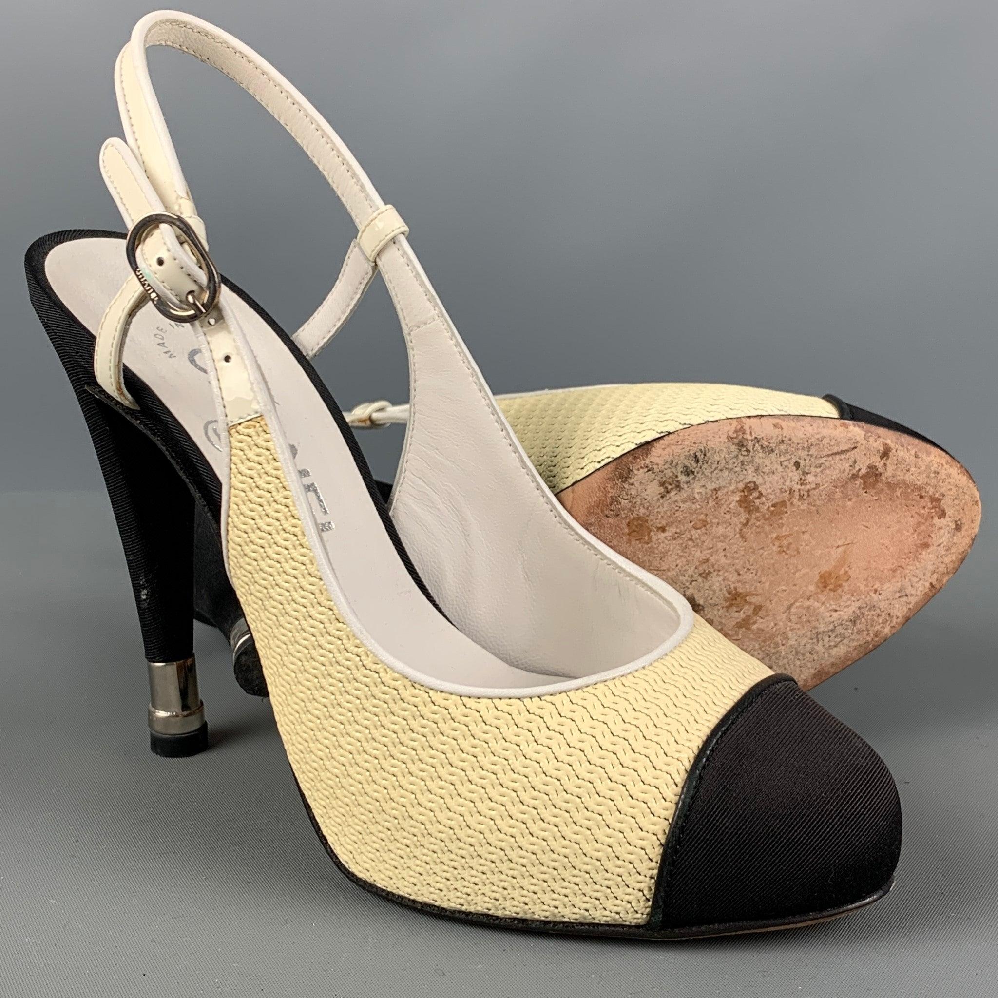 CHANEL Size 6 Cream Black Acetate Color Block Slingback Pumps 1