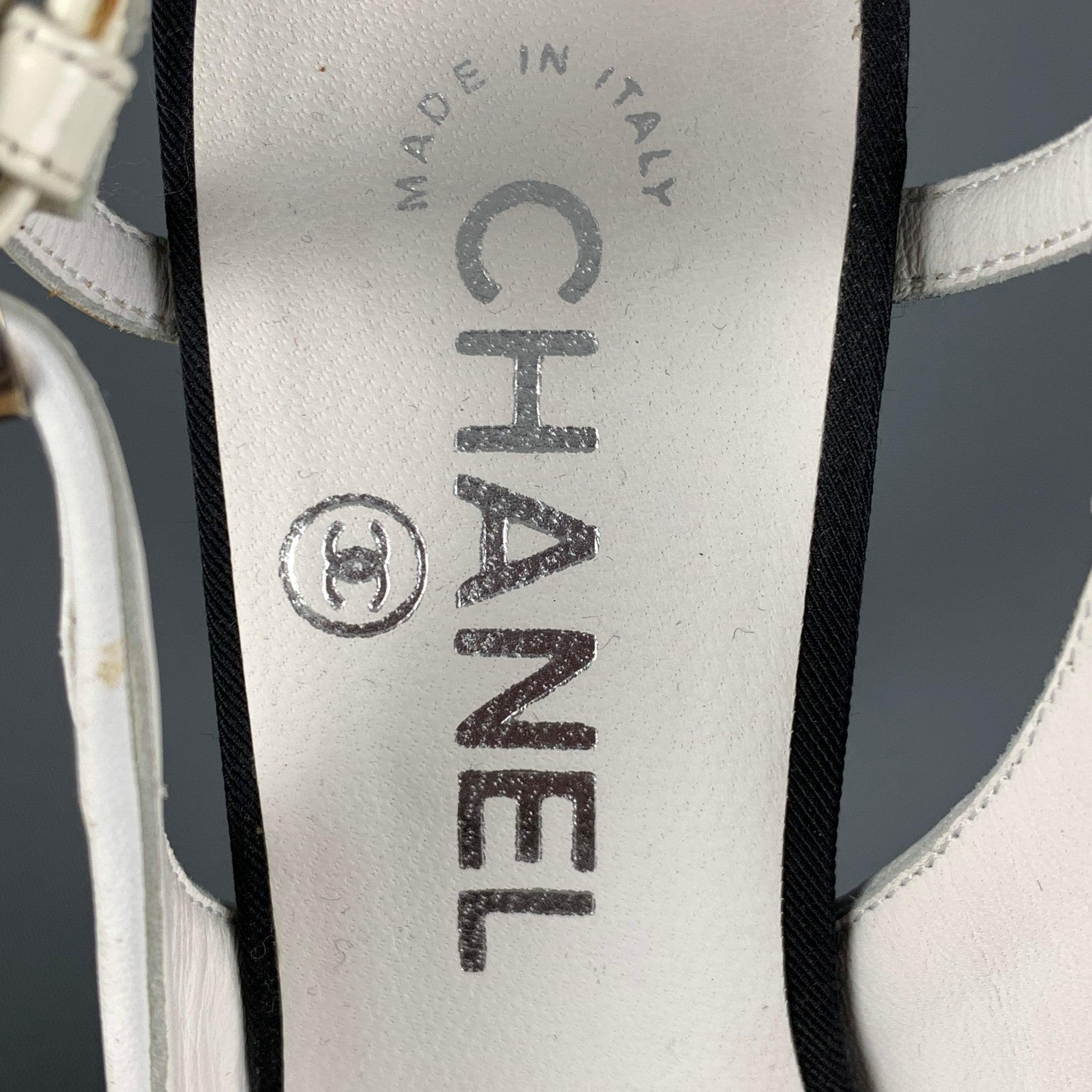 CHANEL Size 6 Cream Black Acetate Color Block Slingback Pumps 3