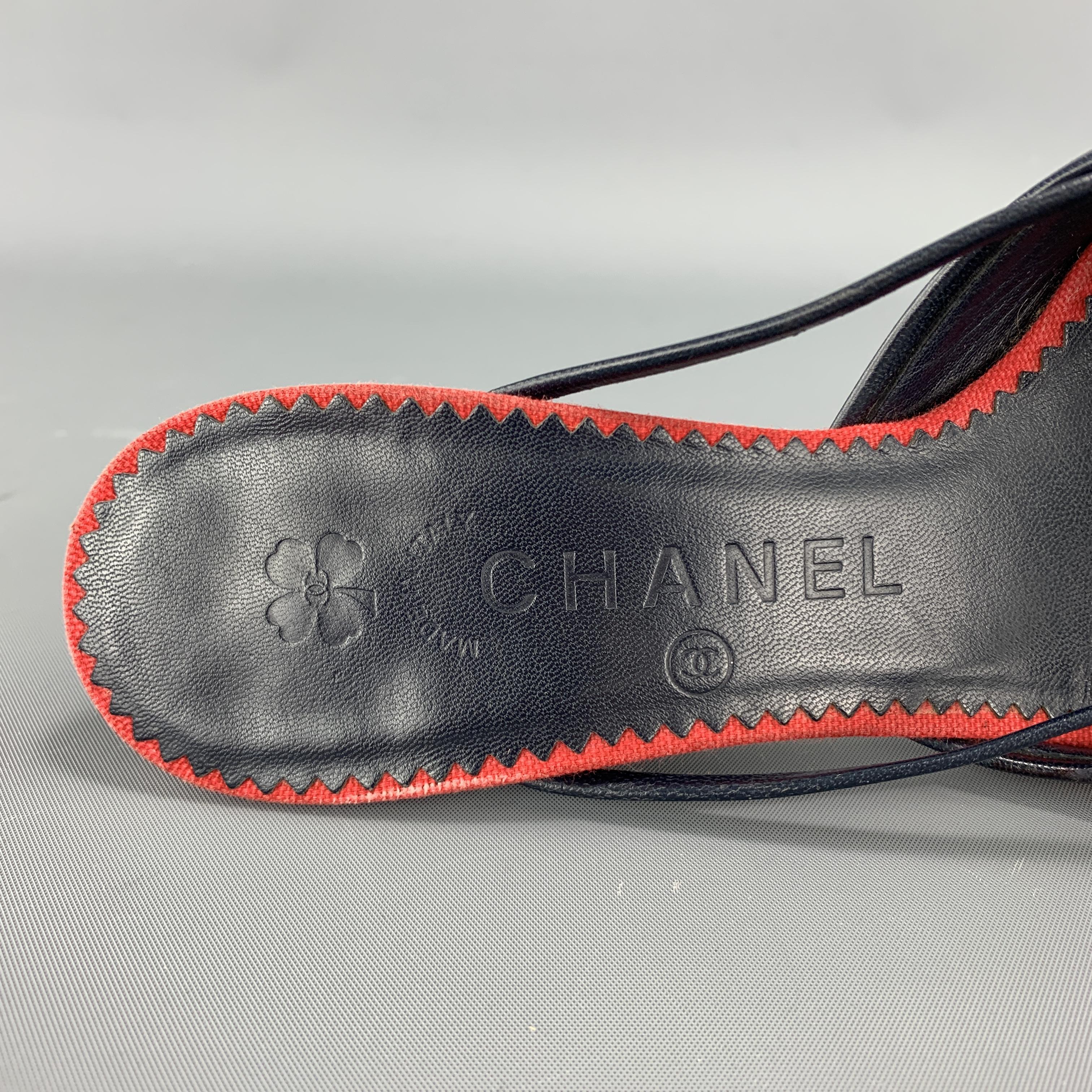 CHANEL Size 6 Red & Blue Gold Clover Canvas Peep Toe Mules 2