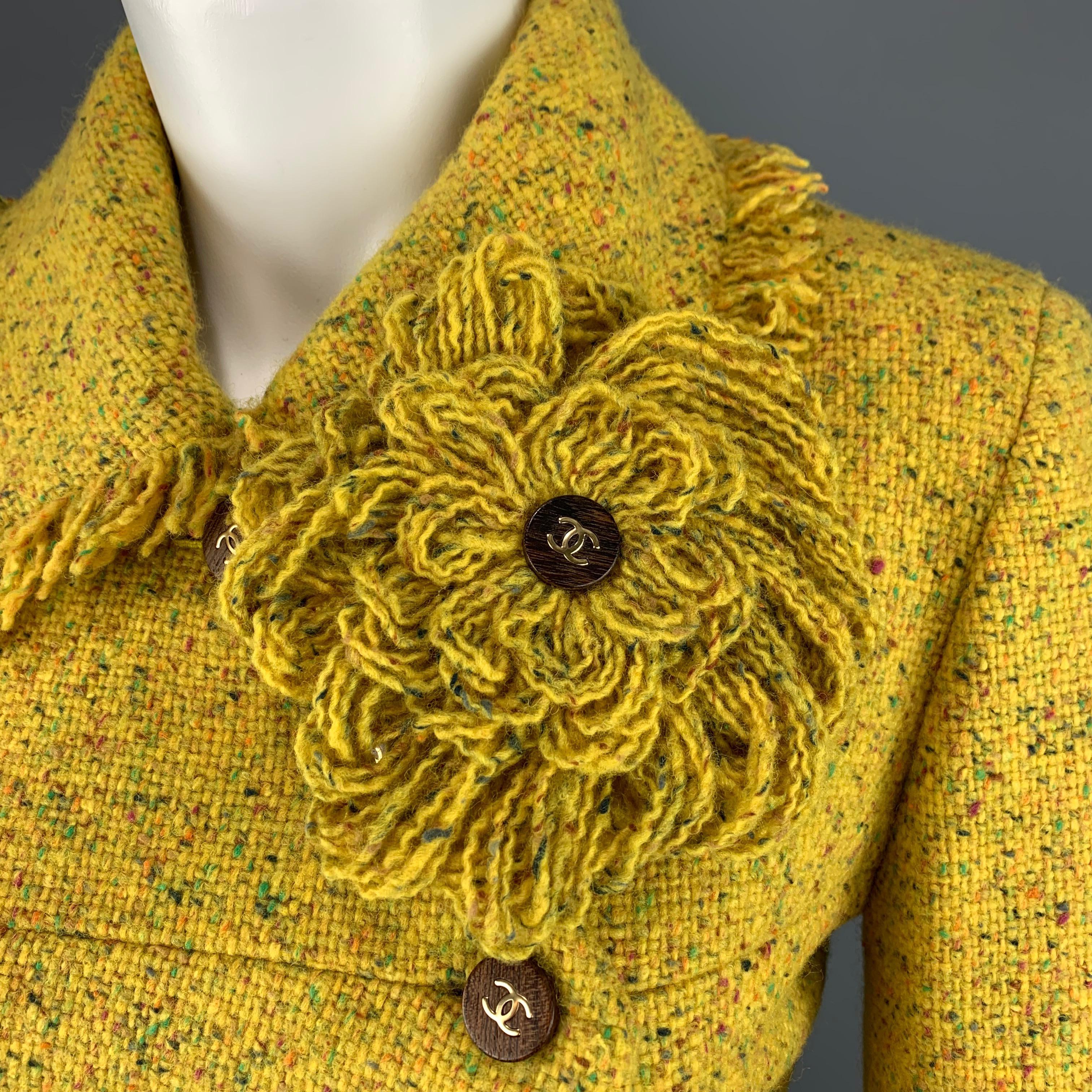 CHANEL Size 6 Yellow Speckled Tweed Asymmetrical Flower Brooch Coat In Excellent Condition In San Francisco, CA