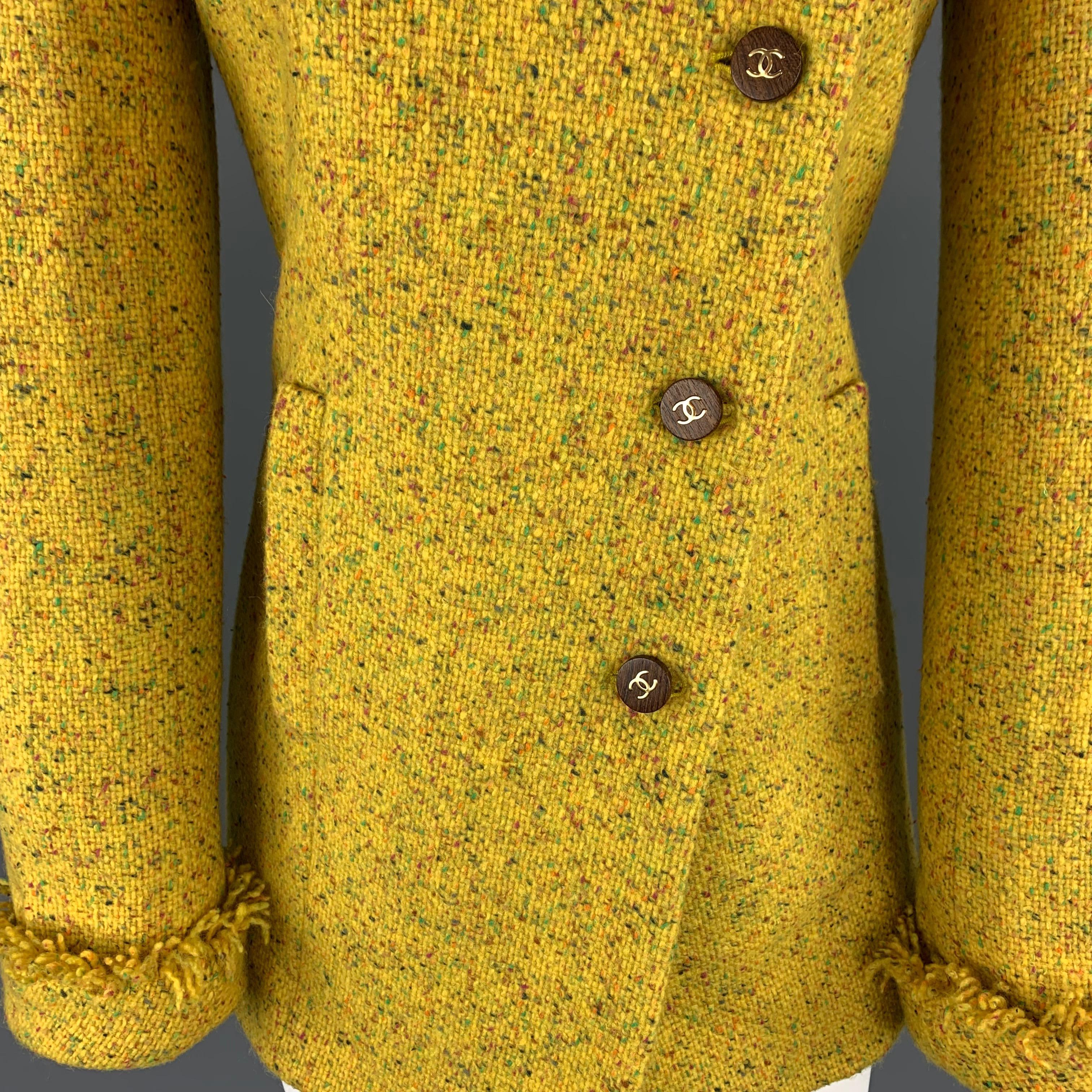 CHANEL Size 6 Yellow Speckled Tweed Asymmetrical Flower Brooch Coat 1
