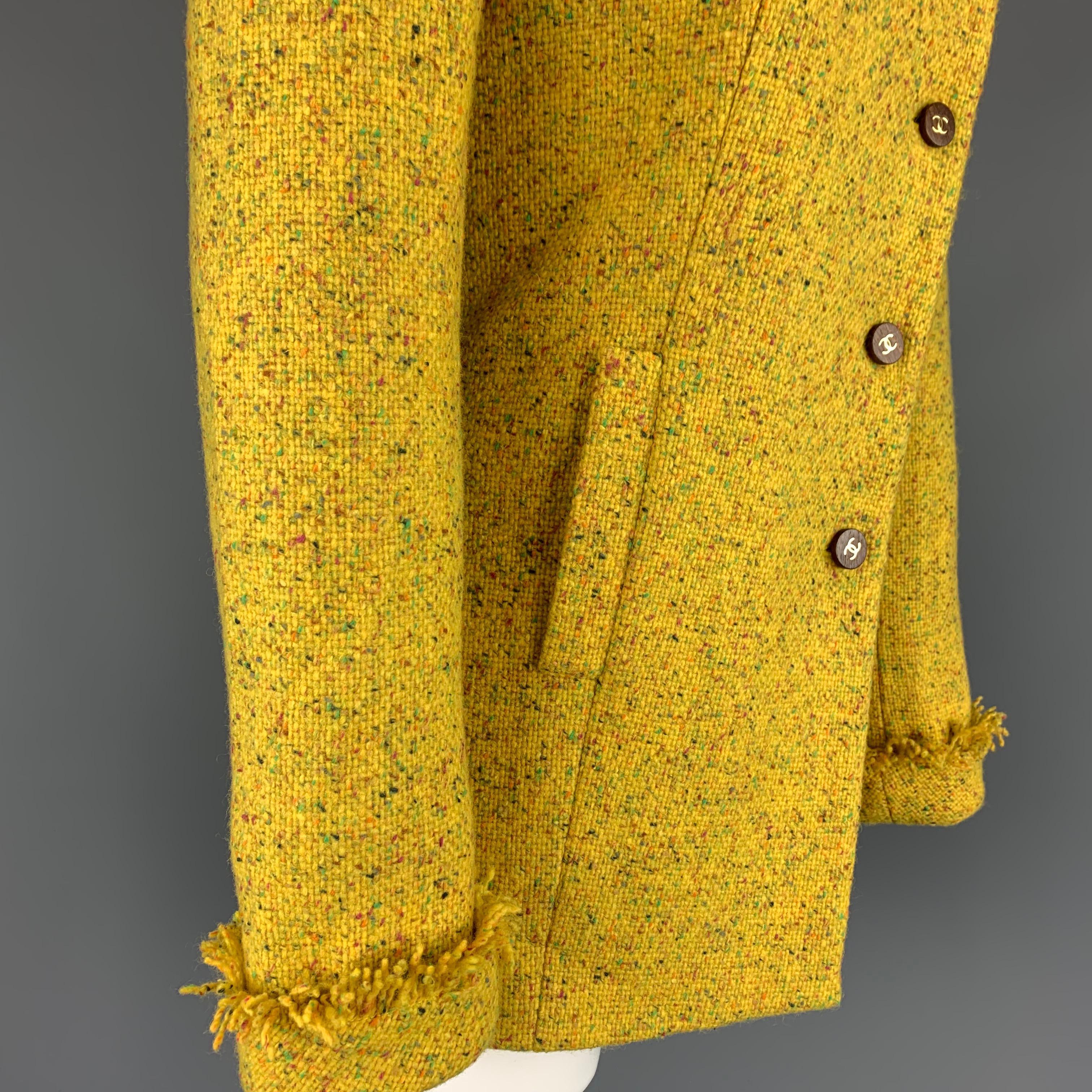CHANEL Size 6 Yellow Speckled Tweed Asymmetrical Flower Brooch Coat 2