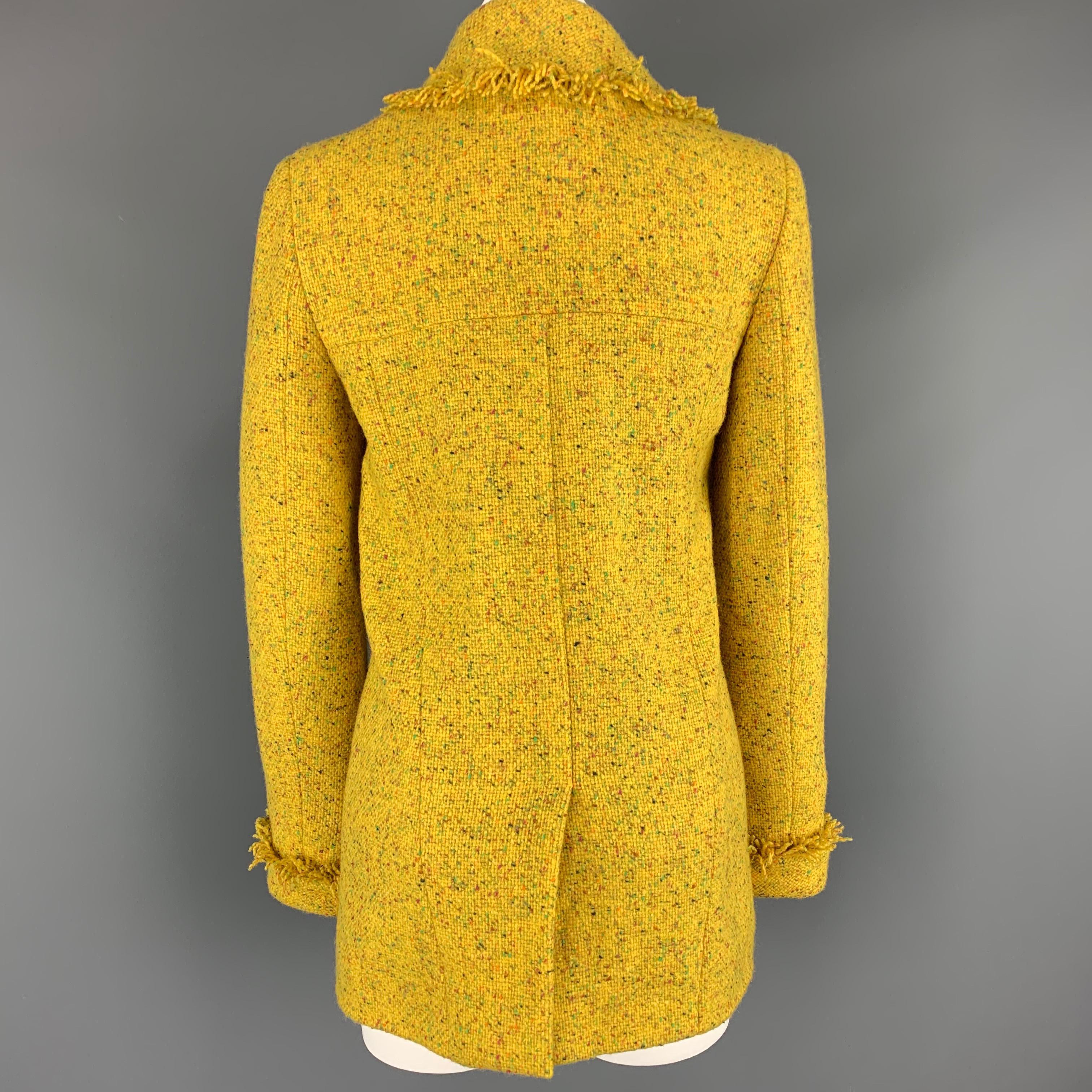 CHANEL Size 6 Yellow Speckled Tweed Asymmetrical Flower Brooch Coat 3
