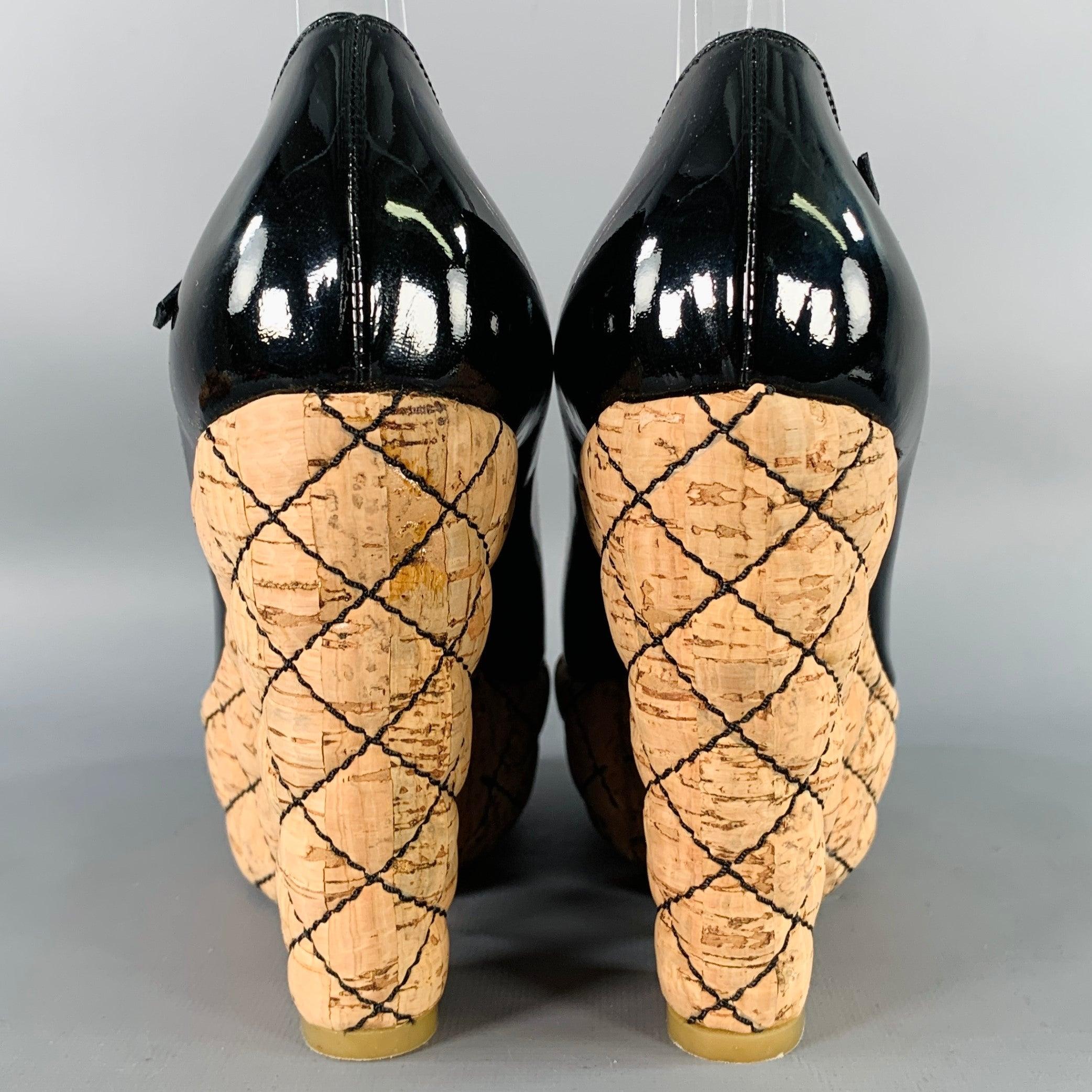 CHANEL Size 6.5 Black Natural Patent Leather Quilted Cork Peep Toe Platform Pumps For Sale 1