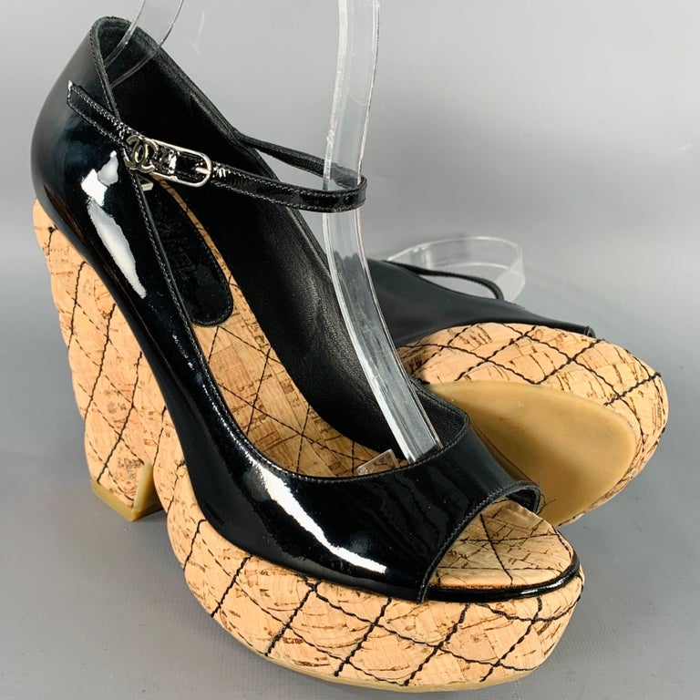 CHANEL Size 6.5 Black Natural Patent Leather Quilted Cork  display picture 1