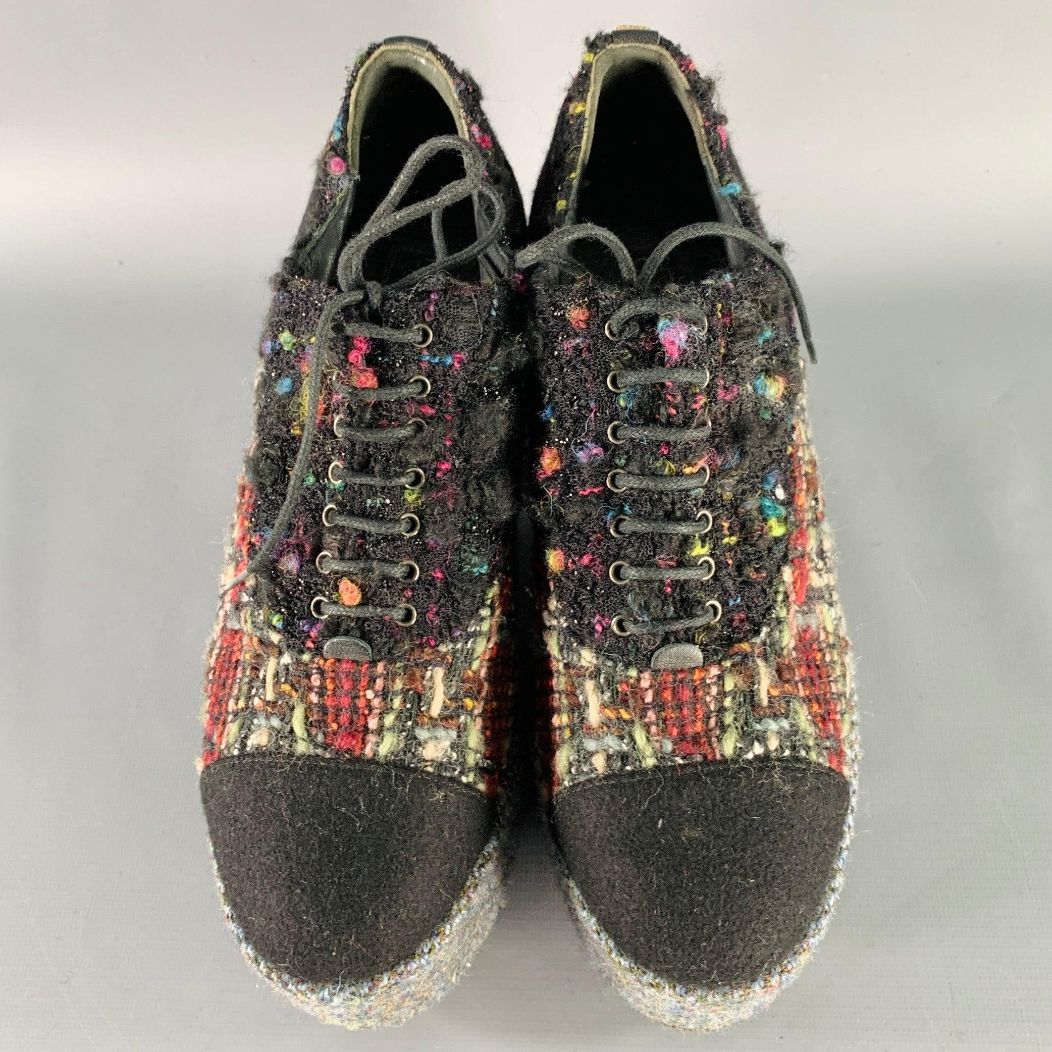 Women's CHANEL Size 6.5 Black Red Grey Tweed Platform Oxford Flats For Sale