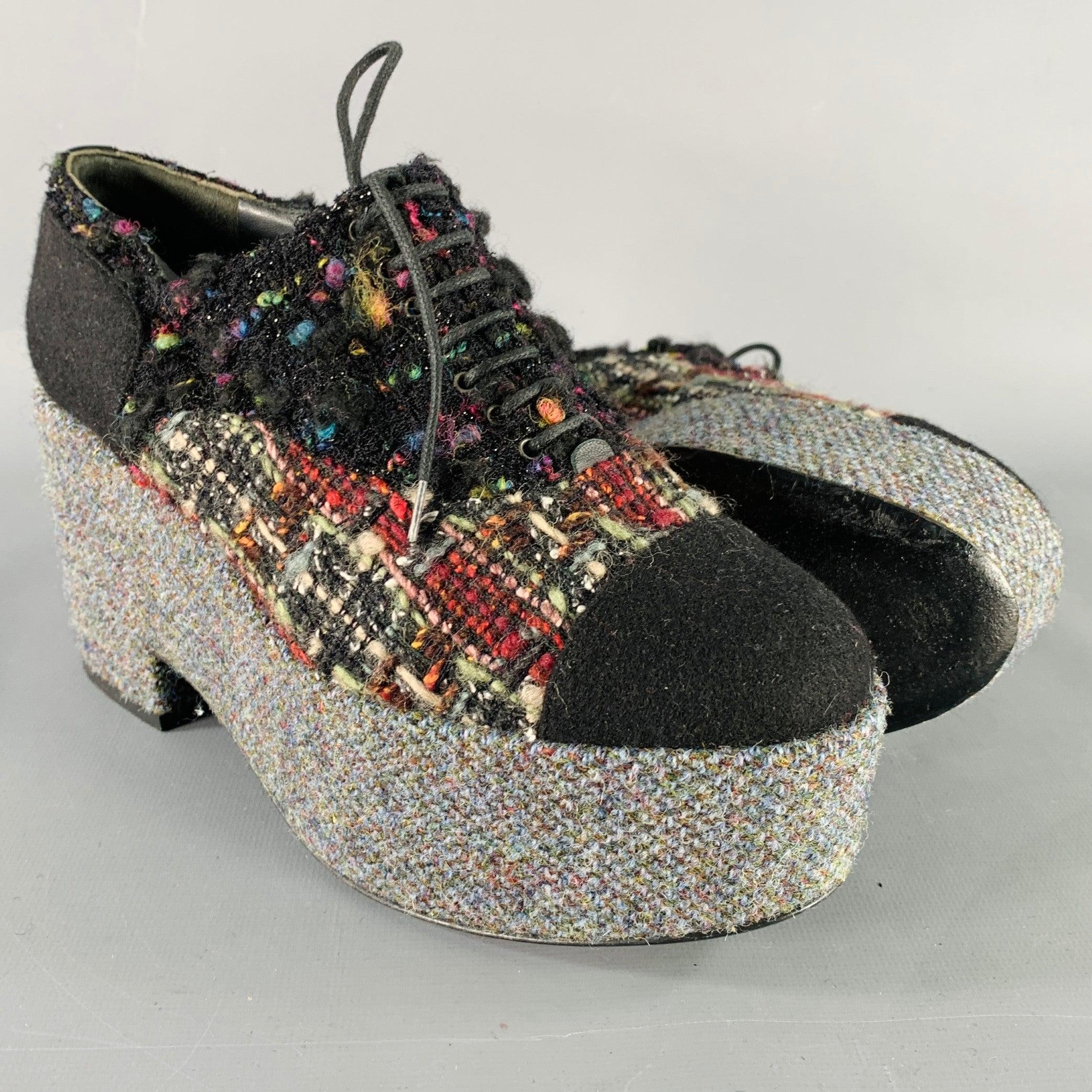CHANEL Size 6.5 Black Red Grey Tweed Platform Oxford Flats For Sale 1