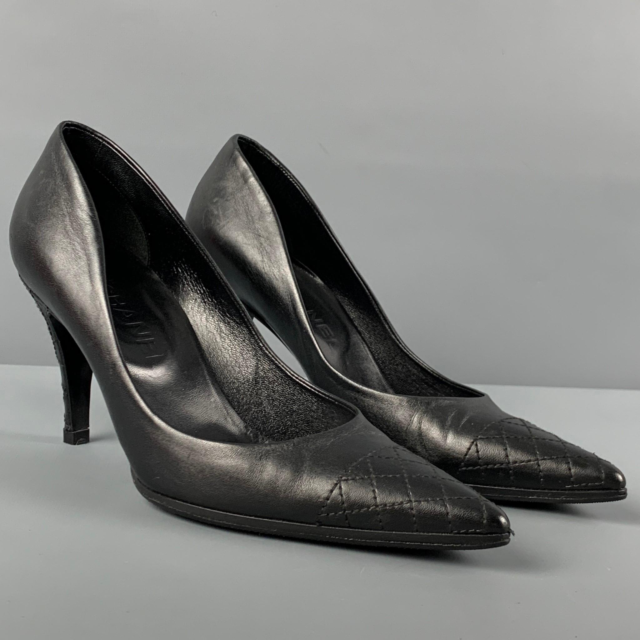 CHANEL pumps comes in a black leather featuring a pointed toe, quilted details, and a stiletto heel. Made in Italy. 

Very Good Pre-Owned Condition.
Marked: 37

Measurements:

Heel: 3.25 in. 