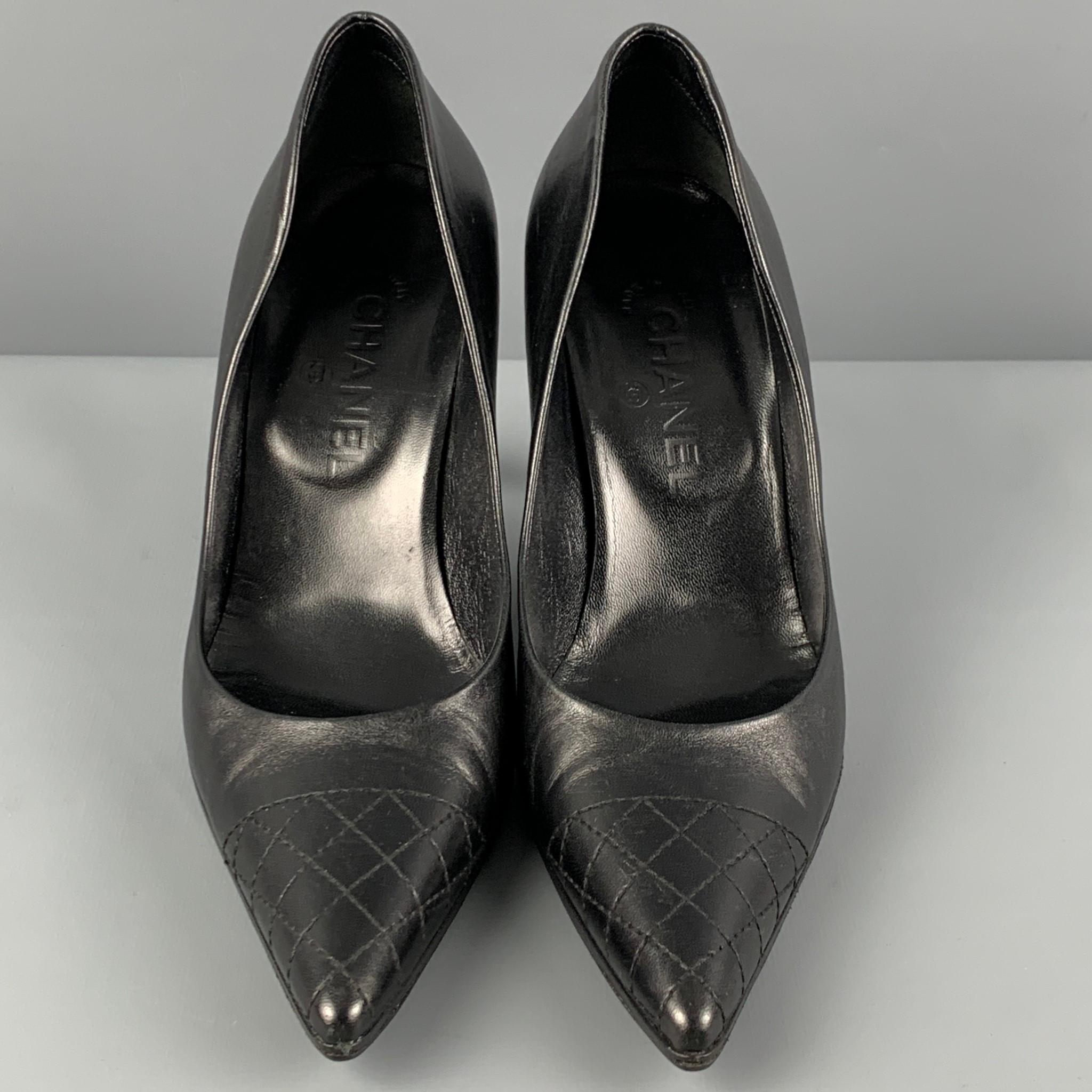 Women's CHANEL Size 7 Black Leather Pointed Toe Pumps