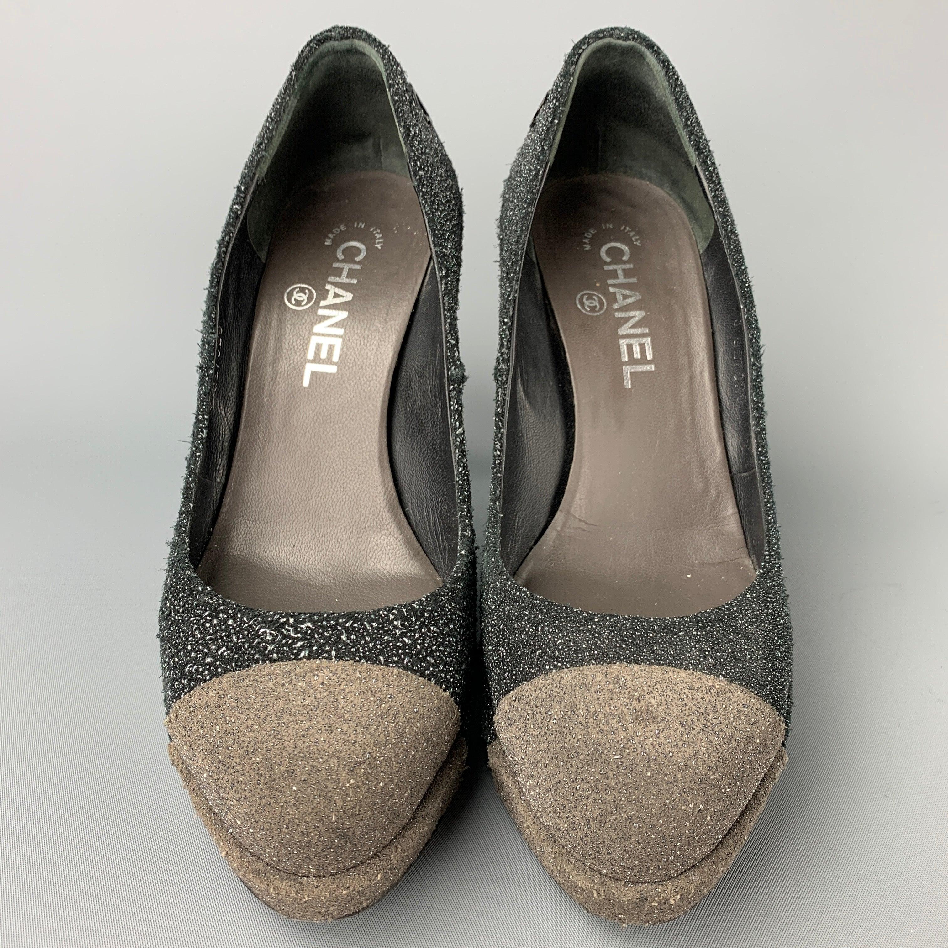 Women's CHANEL Size 7 Charcoal & Grey Sparkle Textured Pumps For Sale