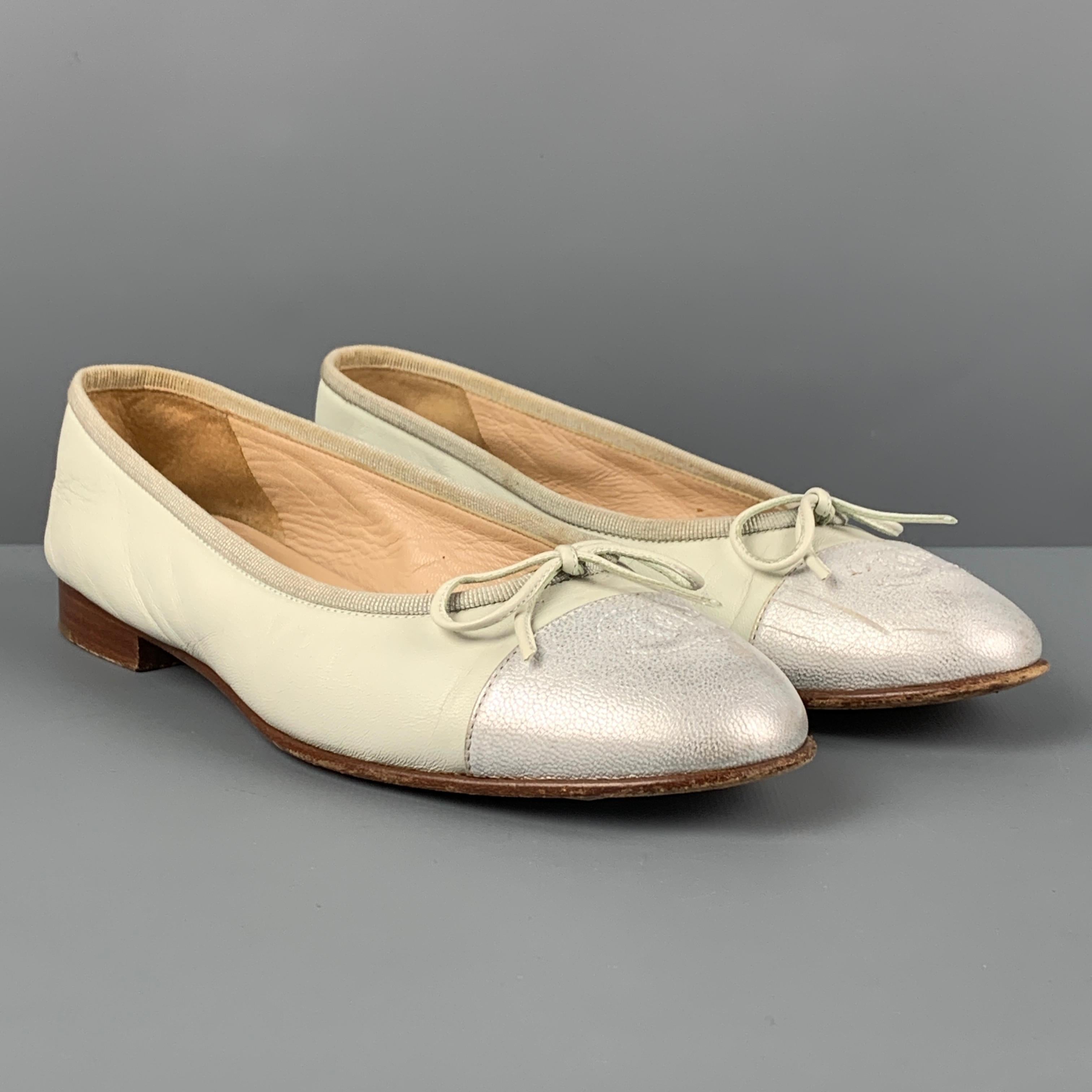 CHANEL Size 7 Mint Leather Cap Toe Ballerina Flats In Good Condition In San Francisco, CA
