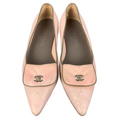 CHANEL Size 7 Pink Leather Quilted Pointed CC Flap Toe Flats