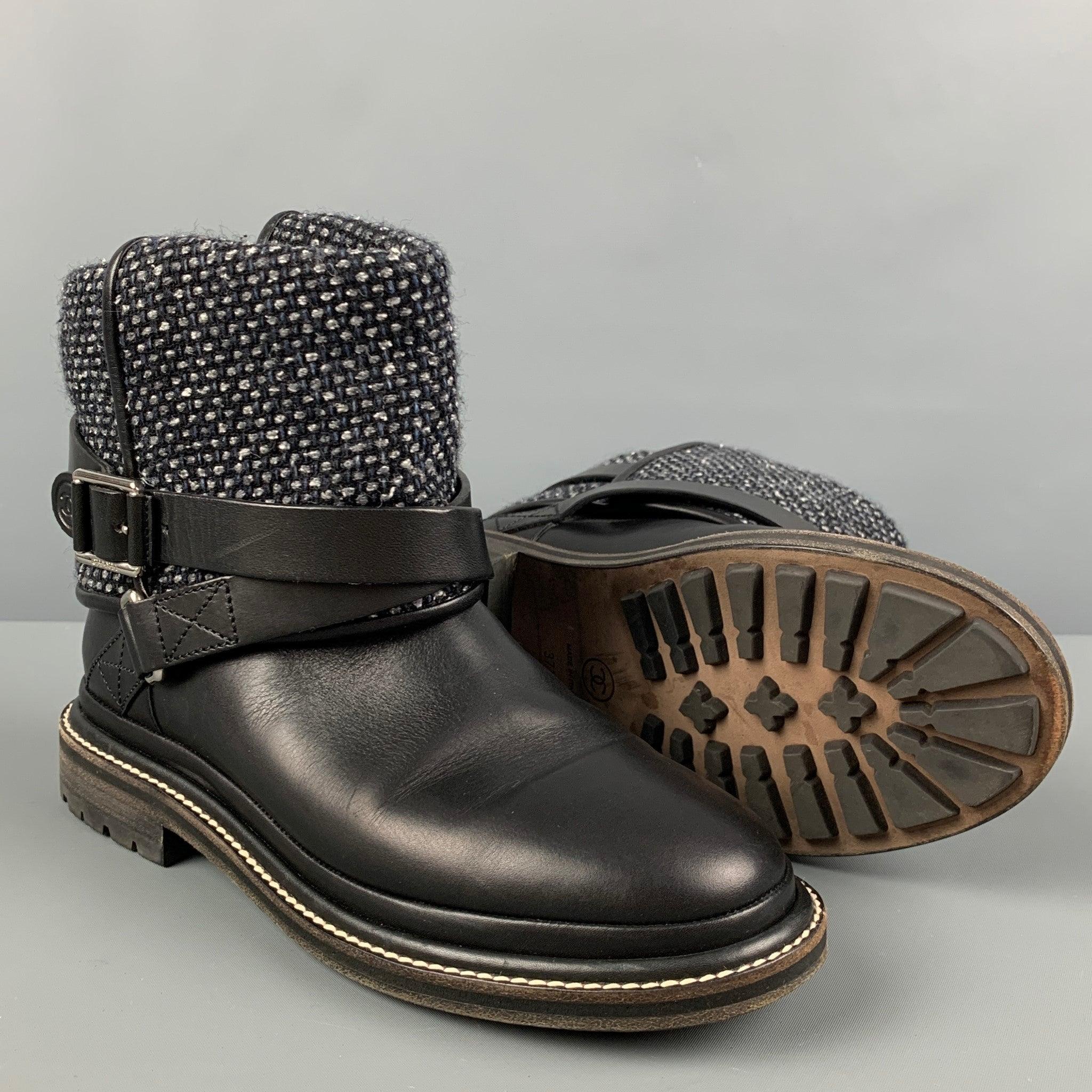 CHANEL Size 7.5 Black Grey Tweed Mixed Materials Pull On Boots In Good Condition In San Francisco, CA