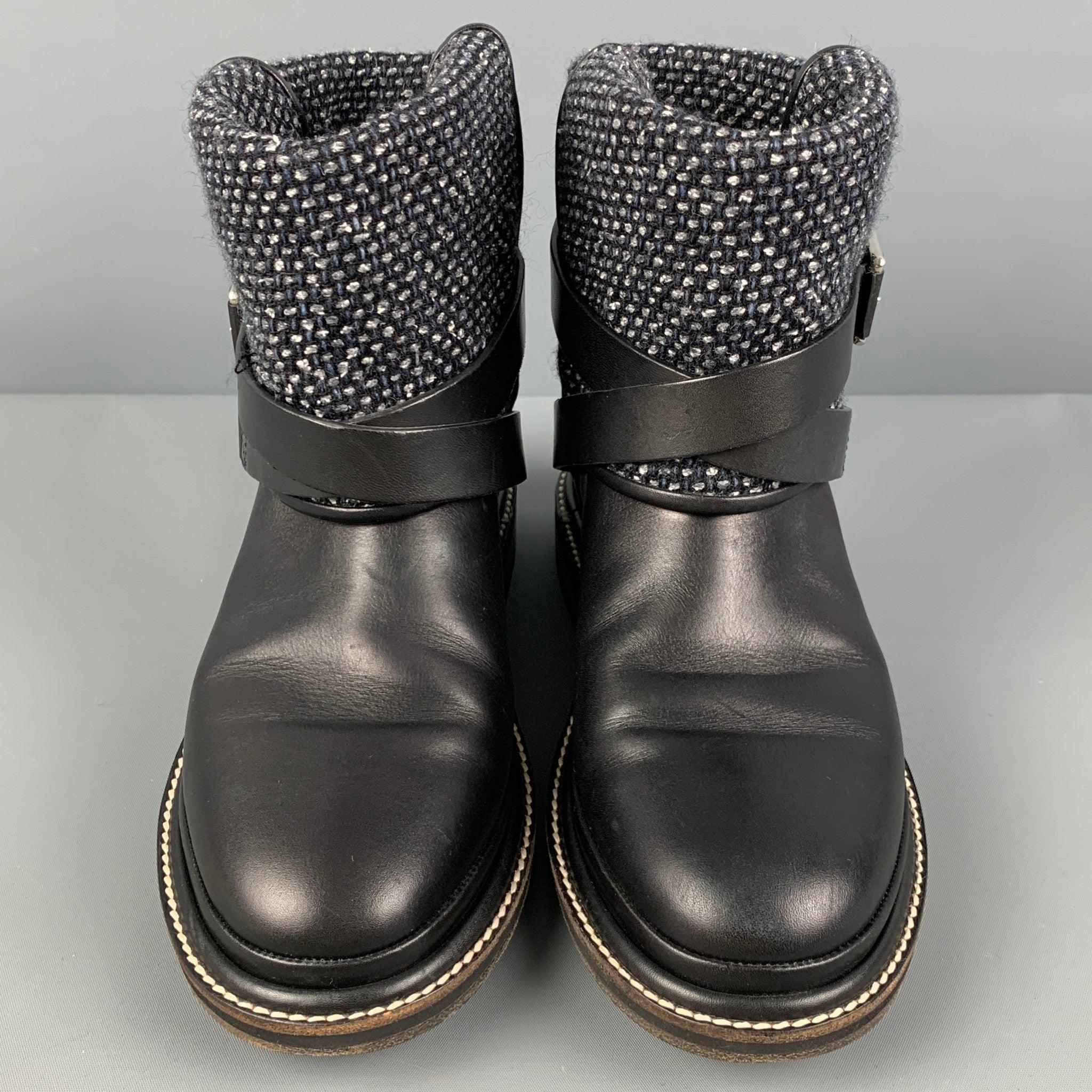 Women's CHANEL Size 7.5 Black Grey Tweed Mixed Materials Pull On Boots