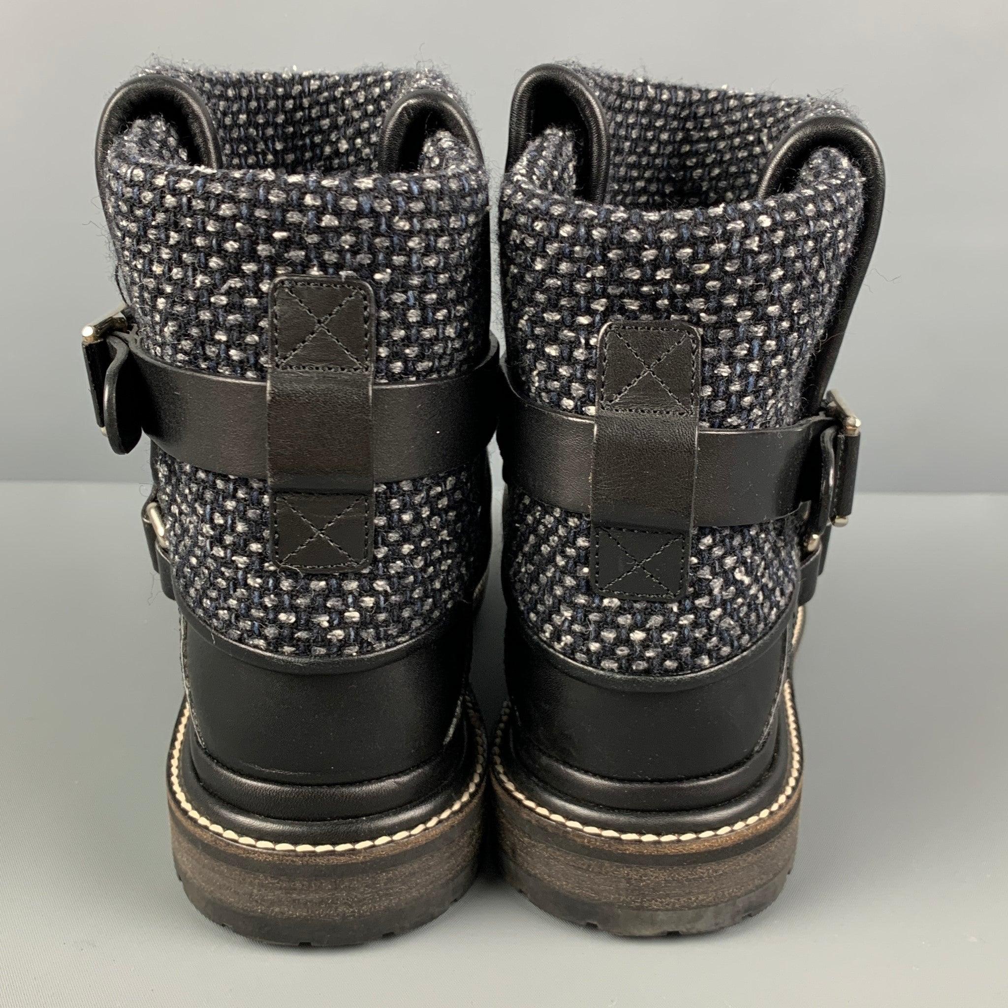 CHANEL Size 7.5 Black Grey Tweed Mixed Materials Pull On Boots For Sale 1