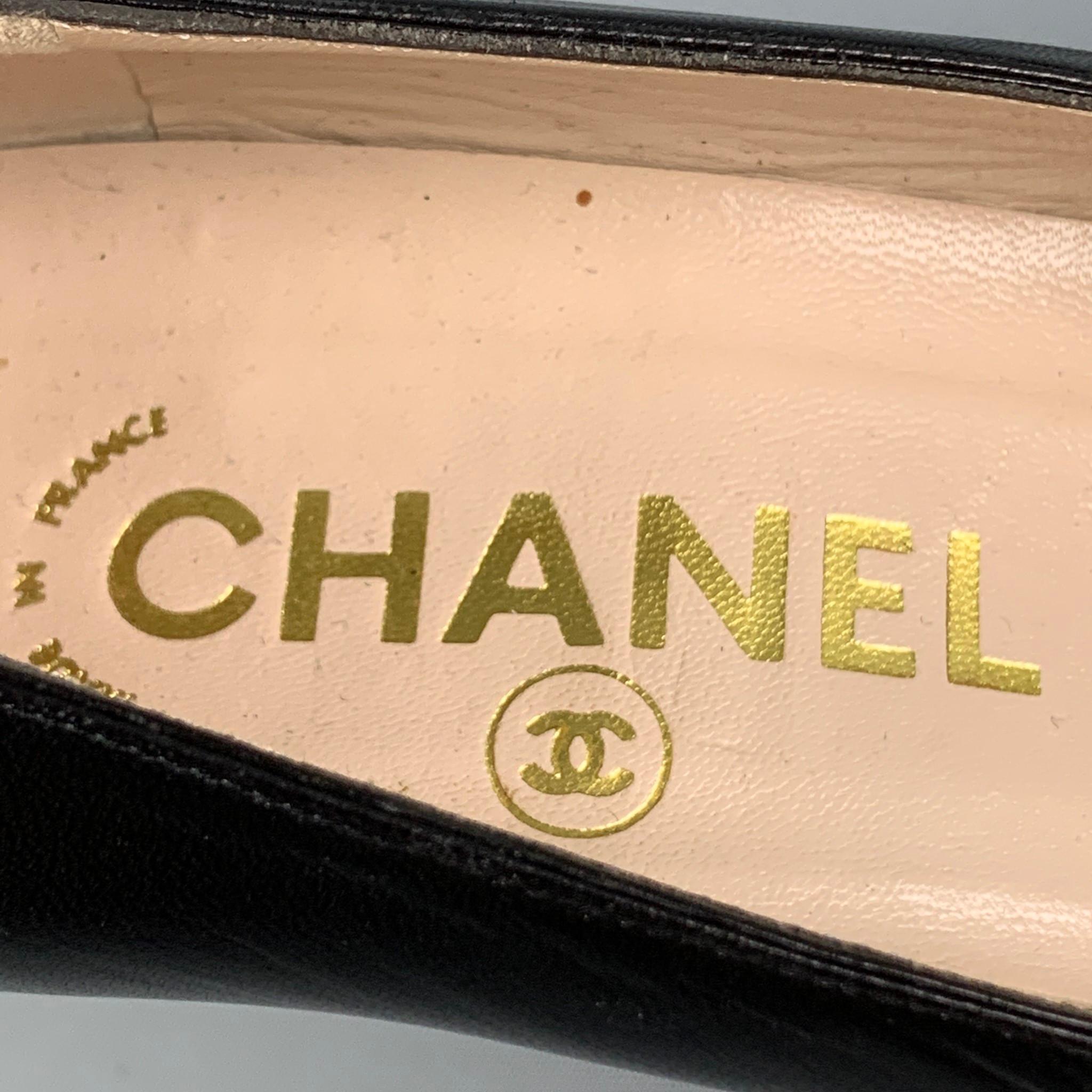 CHANEL Size 7.5 Black Leather Cap Toe Pumps In Good Condition In San Francisco, CA