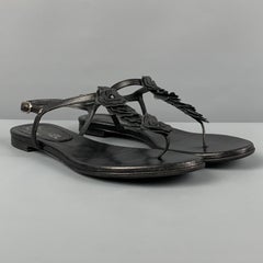CHANEL Size 7.5 Black Leather Flower Applique Flat Sandals