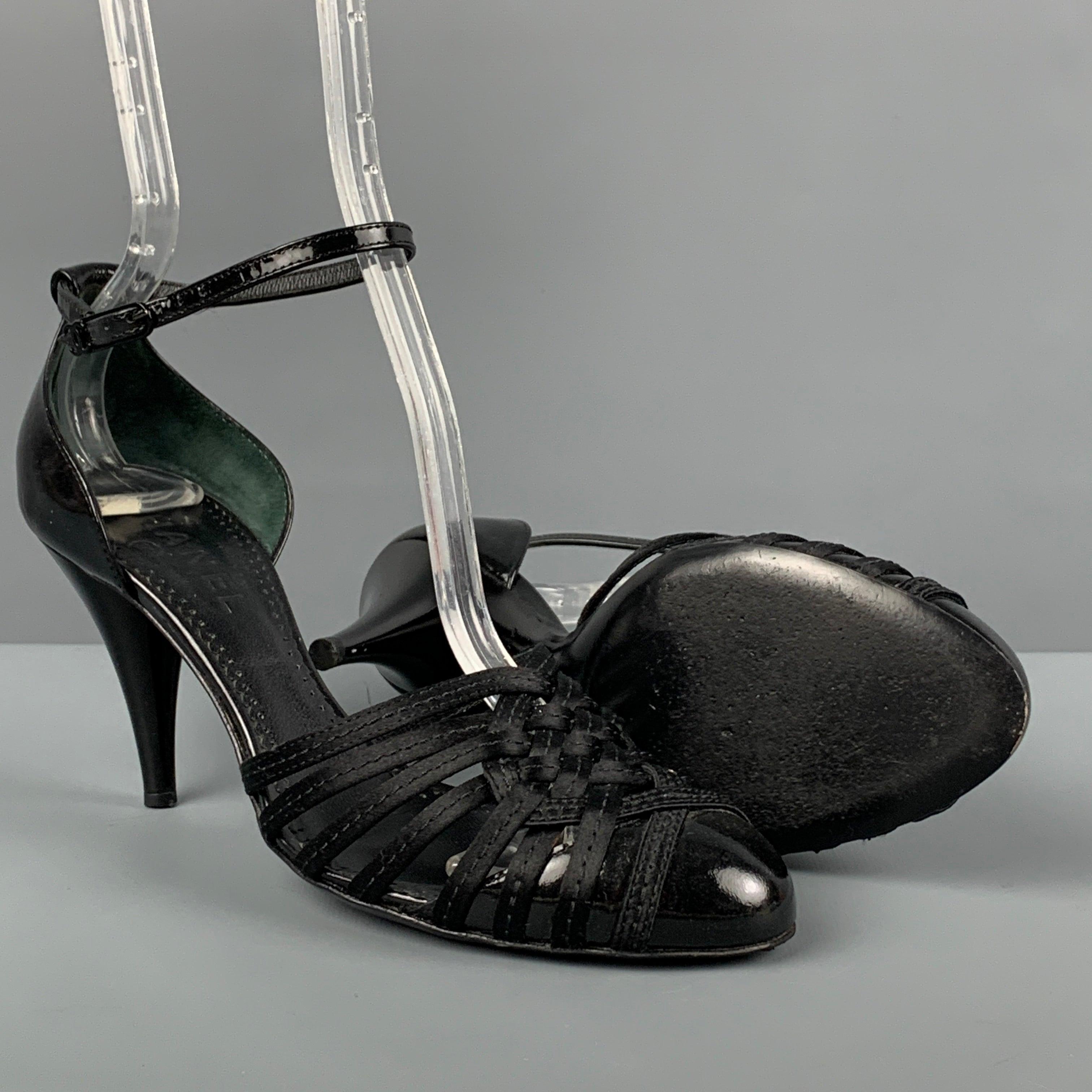 CHANEL Size 7.5 Black Silk Ankle Strap Pumps In Good Condition For Sale In San Francisco, CA