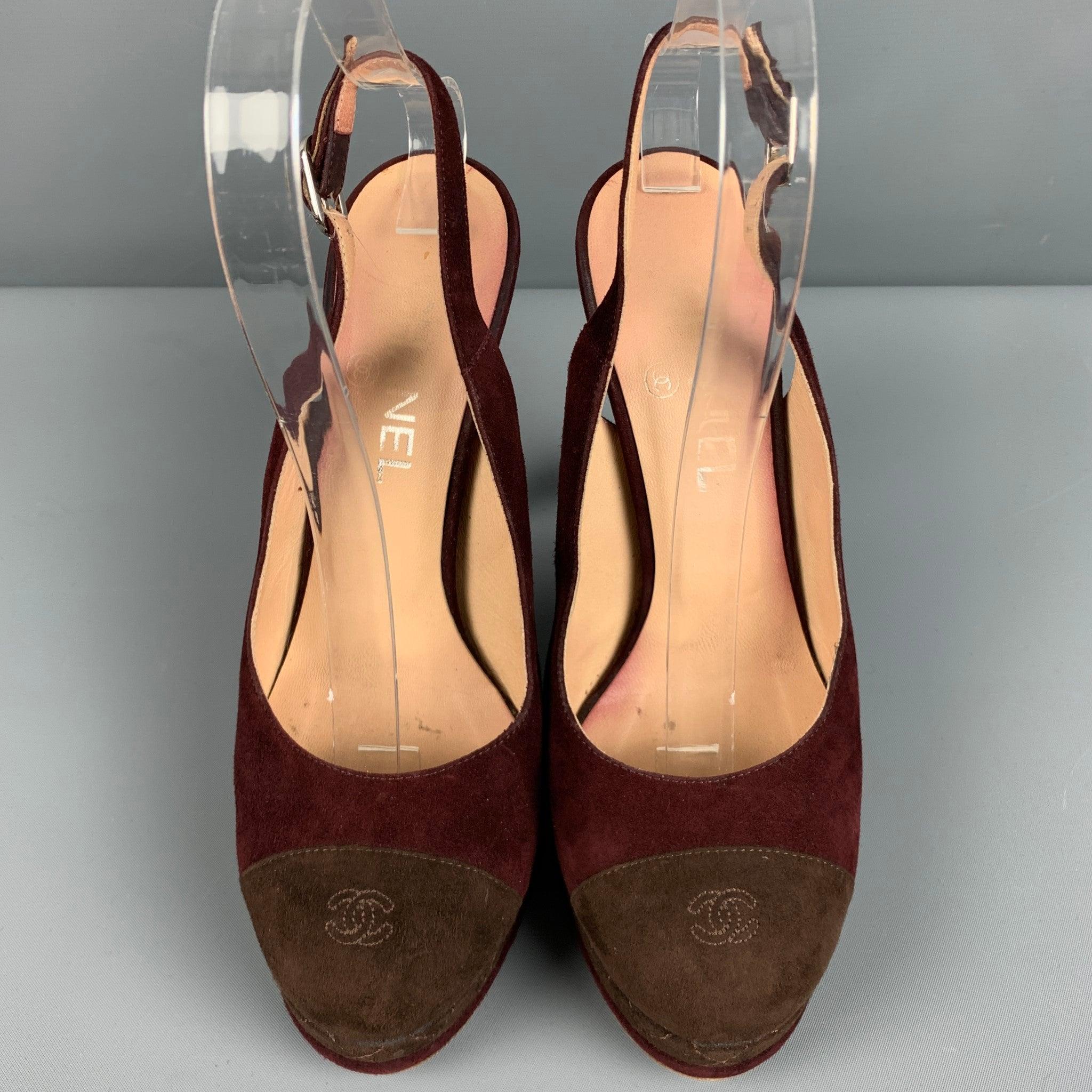 Women's CHANEL Size 7.5 Burgundy Brown Suede Slingback Pumps For Sale