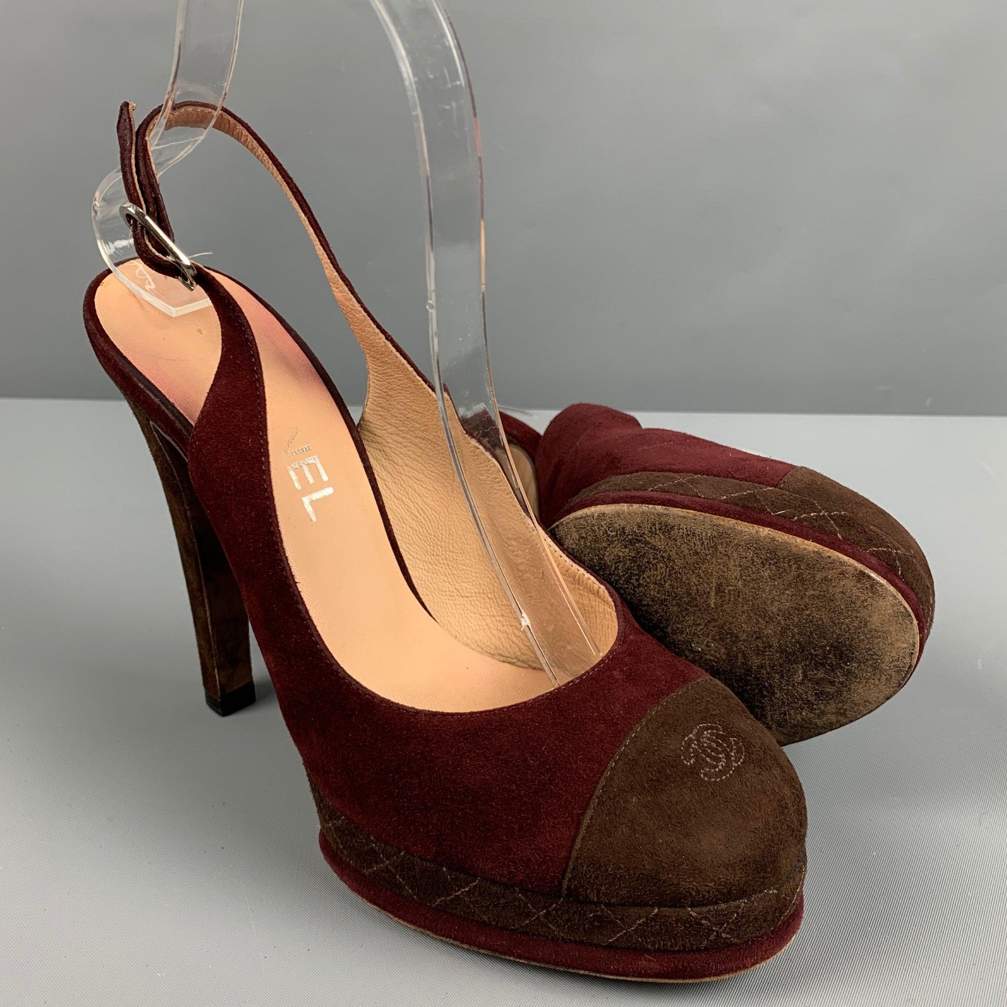 CHANEL Size 7.5 Burgundy Brown Suede Slingback Pumps For Sale 1