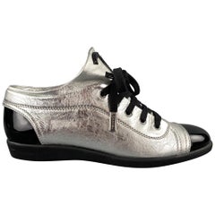 CHANEL Size 7.5 Silver & Black Leather Patent Leather Sneakers