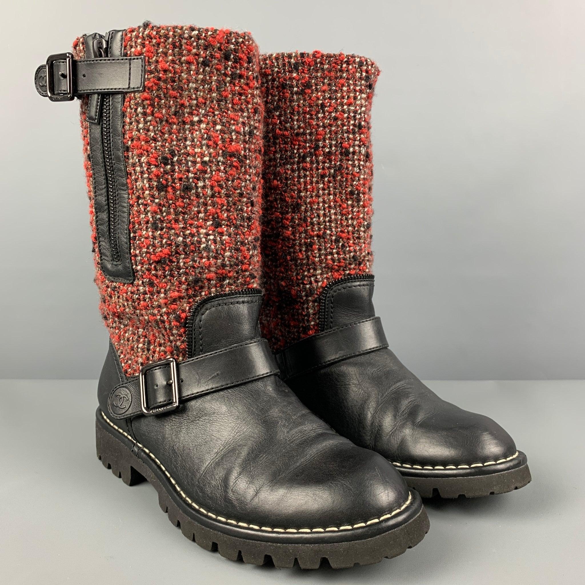 CHANEL boots comes in a black & burgundy mixed materials featuring a tweed panel, logo details, contrast stitching, buckle straps, and a side zipper closure. Made in Italy.
Very Good
Pre-Owned Condition. 

Marked:   IG28566 38 

Measurements: 
 