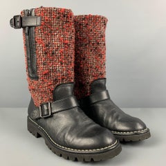CHANEL Size 8 Black Burgundy Tweed Mixed Materials Pull On Boots