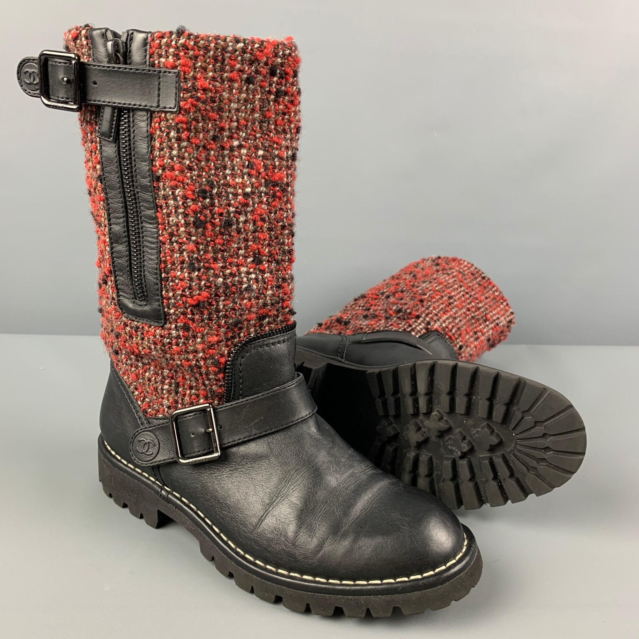 CHANEL Size 8 Black Burgundy Tweed Mixed Materials Pull On Boots In Good Condition In San Francisco, CA
