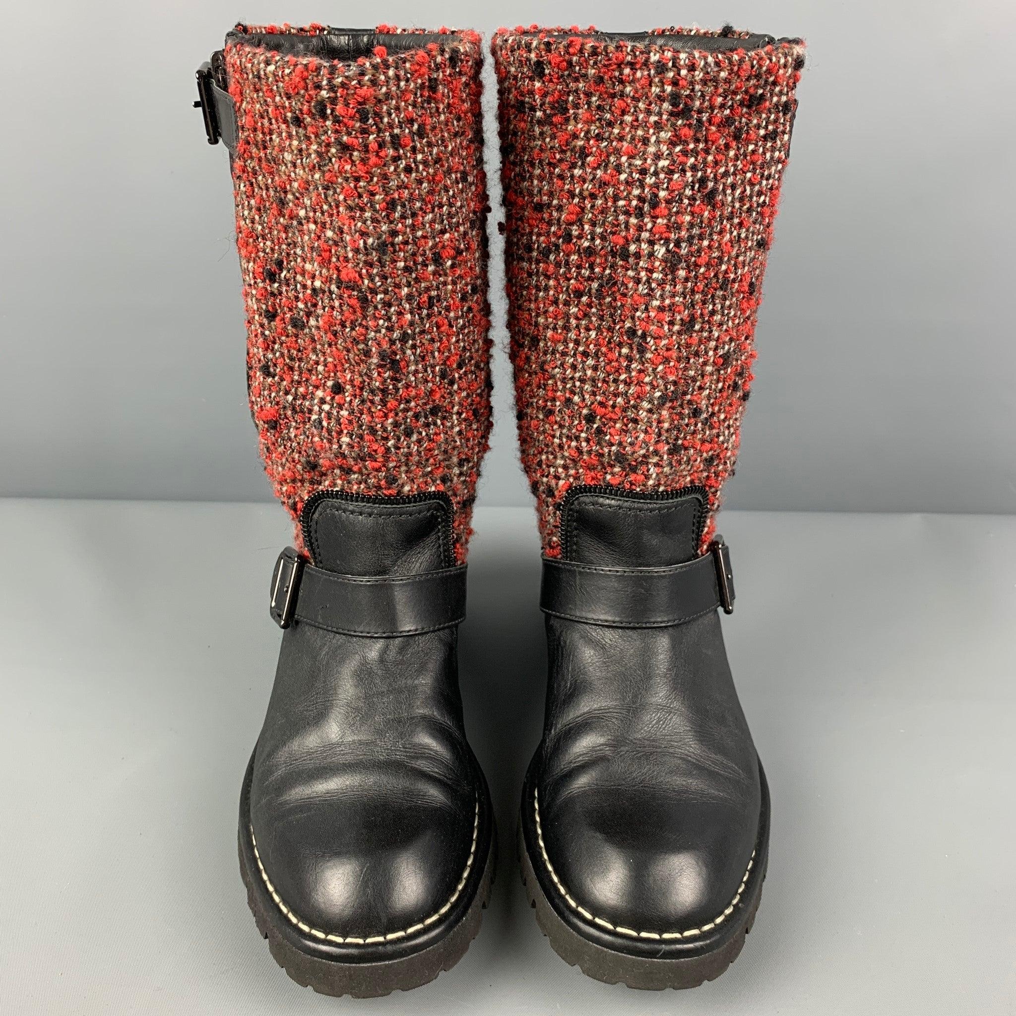 CHANEL Size 8 Black Burgundy Tweed Mixed Materials Pull On Boots 1
