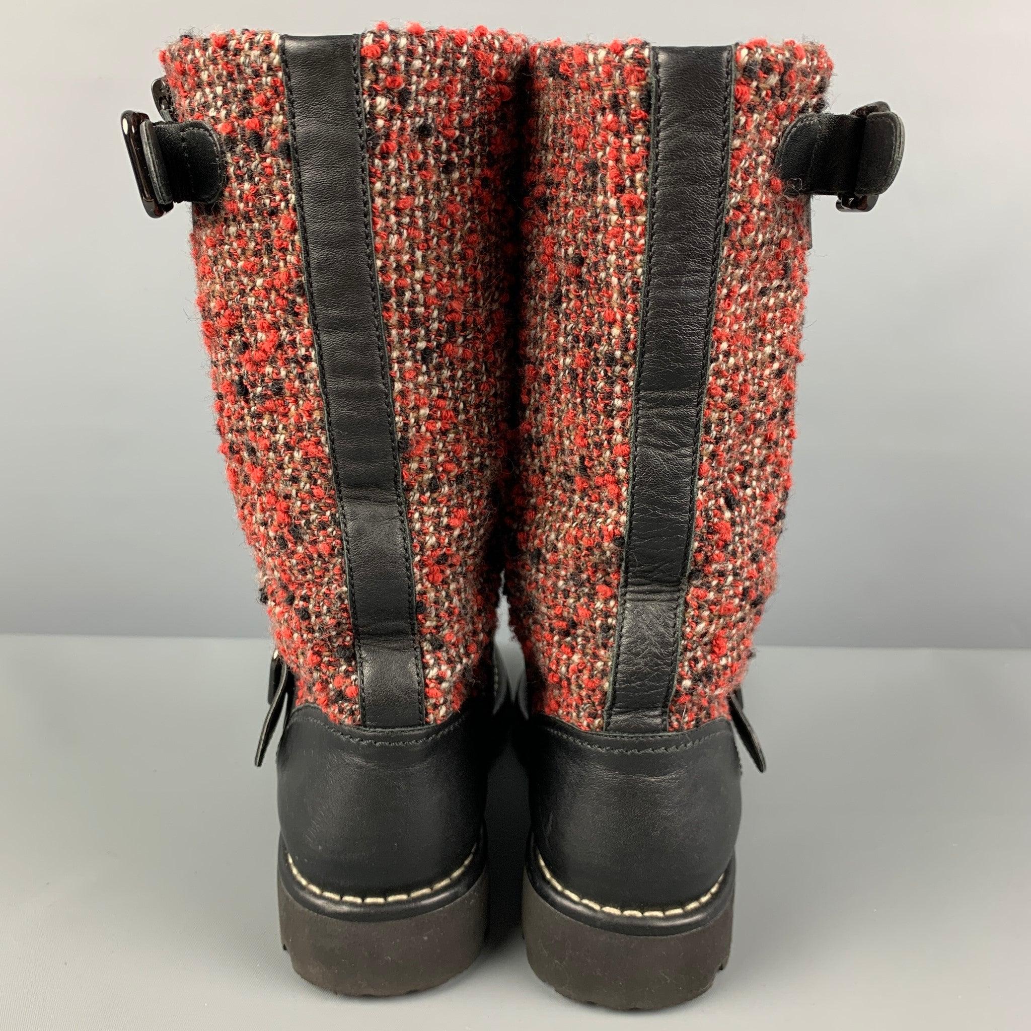 CHANEL Size 8 Black Burgundy Tweed Mixed Materials Pull On Boots 2