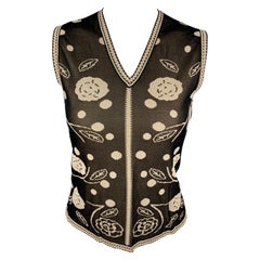 CHANEL Size 8 Black & Cream Knitted Floral Viscose V-Neck Vest