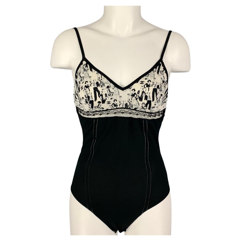 CHANEL Size 8 Black White Silk Body Suit Casual Top at 1stDibs