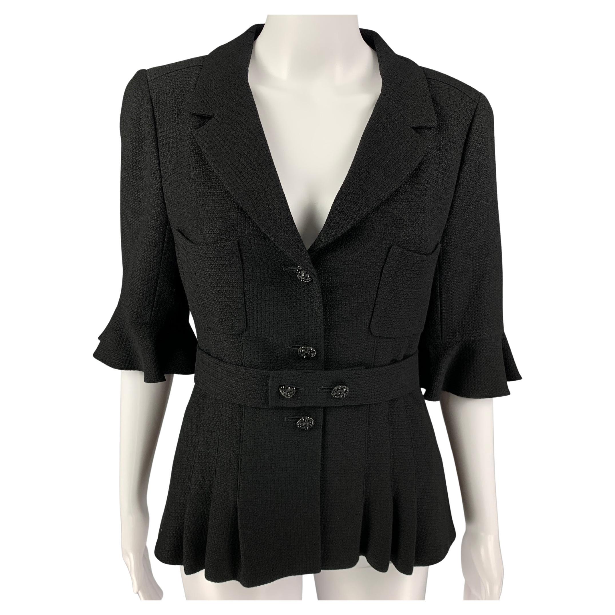 CHANEL Size 8 Black Wool Blend Textured Short Sleeve Jacket