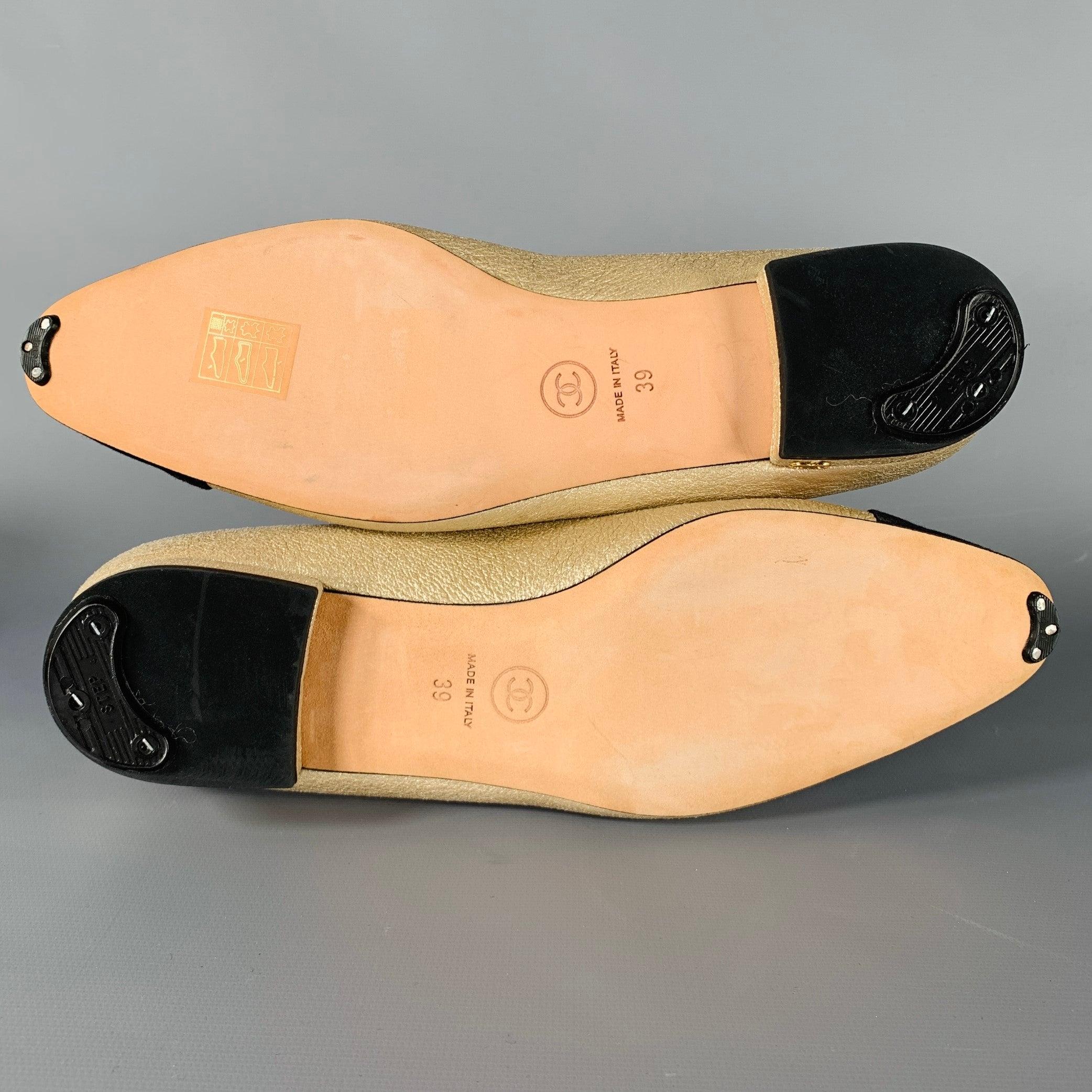 CHANEL Size 8 Gold Black Leather Cap Toe Flats 1