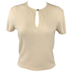 CHANEL Size 8 White Knitted Textured Cotton Blouse