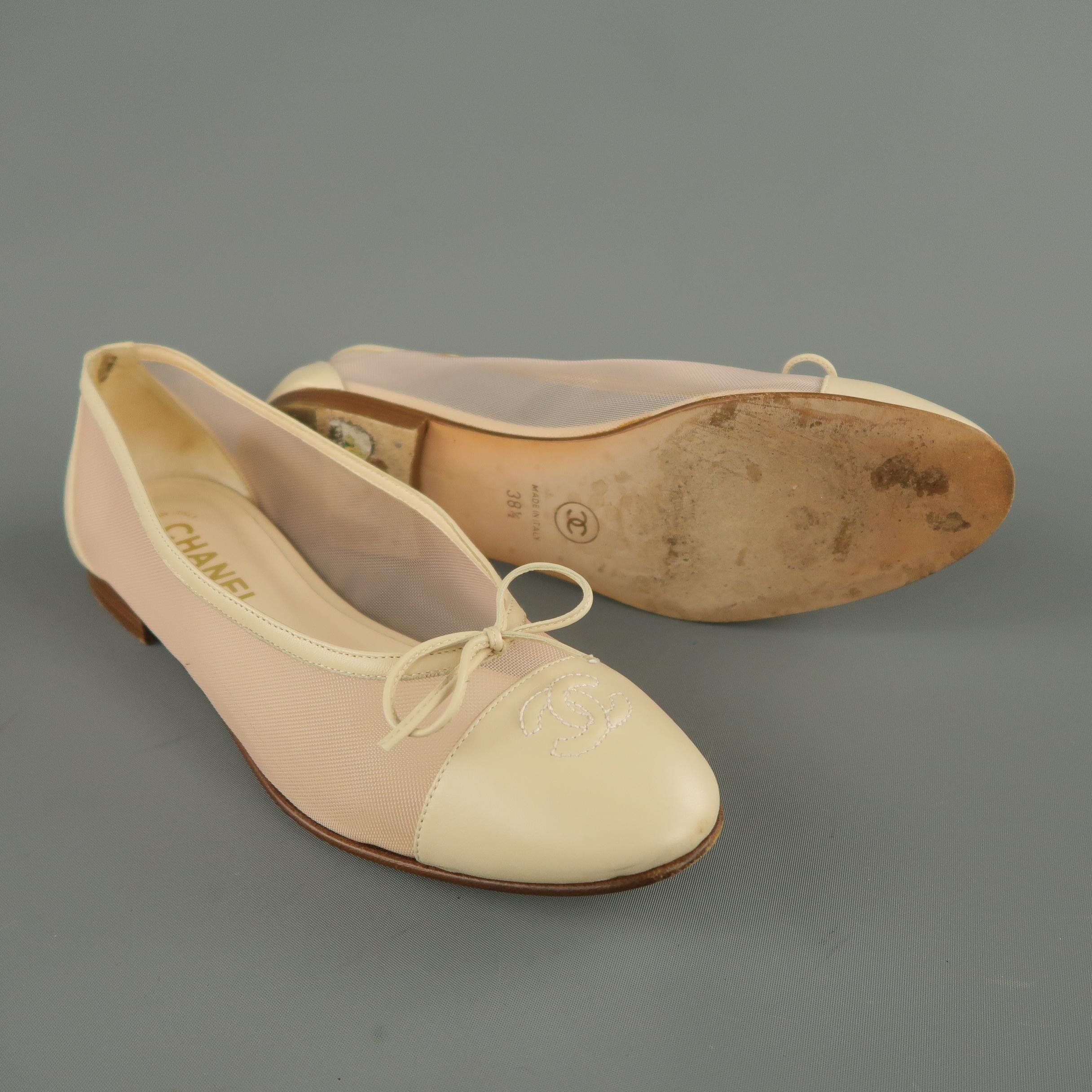 CHANEL Size 8.5 Beige Leather Pink Mesh CC Bow Cap Toe Flats im Zustand „Gut“ in San Francisco, CA