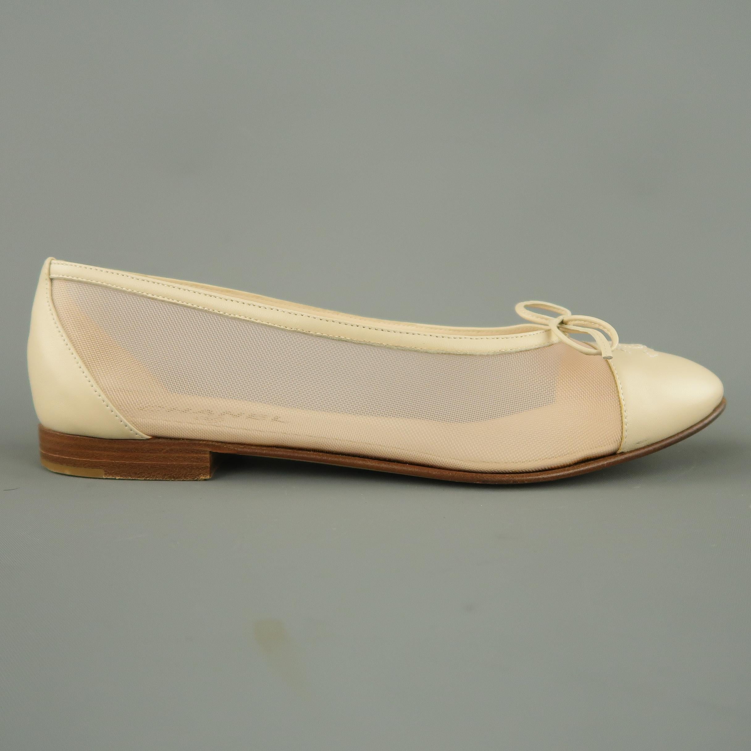 CHANEL Size 8.5 Beige Leather Pink Mesh CC Bow Cap Toe Flats 1