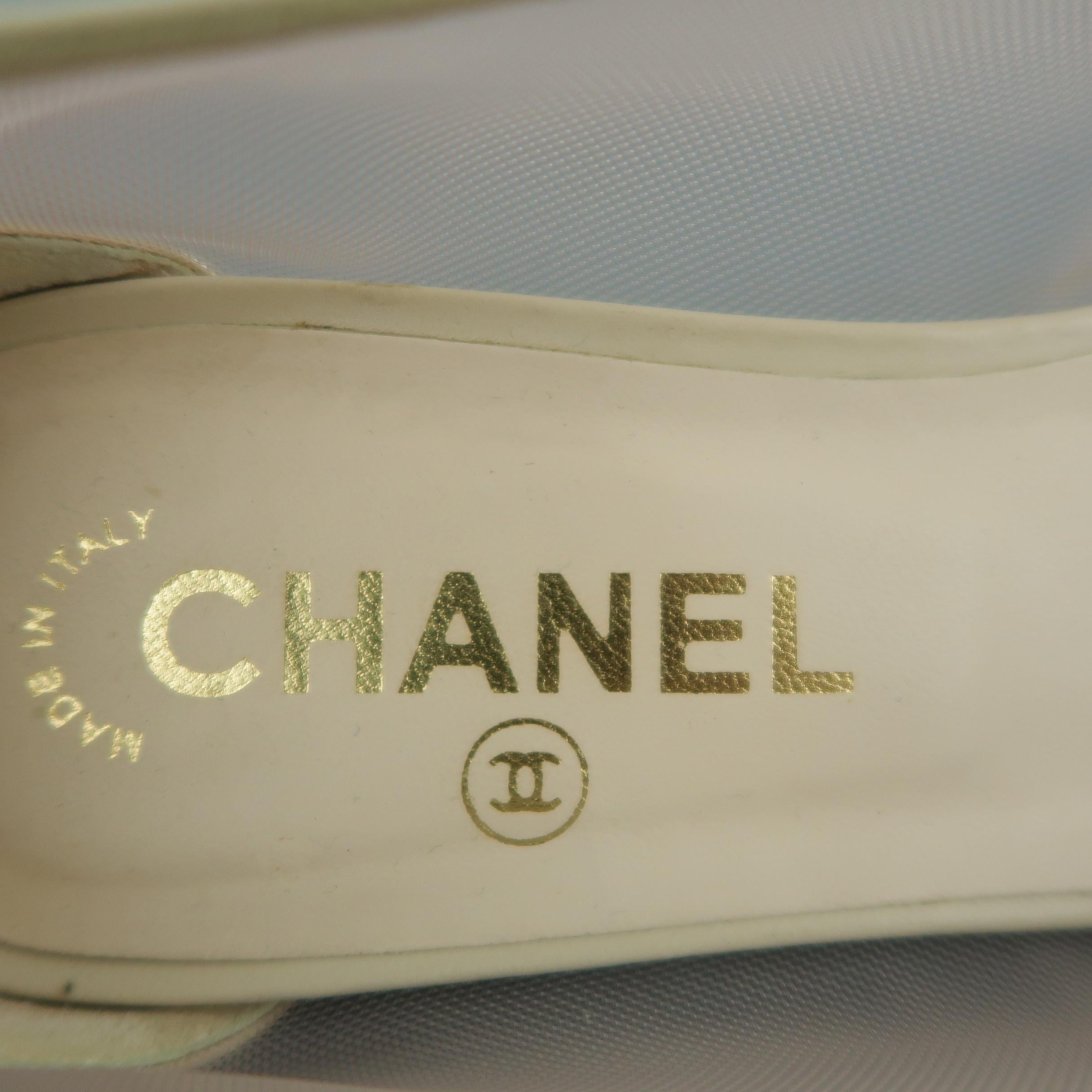 CHANEL Size 8.5 Beige Leather Pink Mesh CC Bow Cap Toe Flats 2
