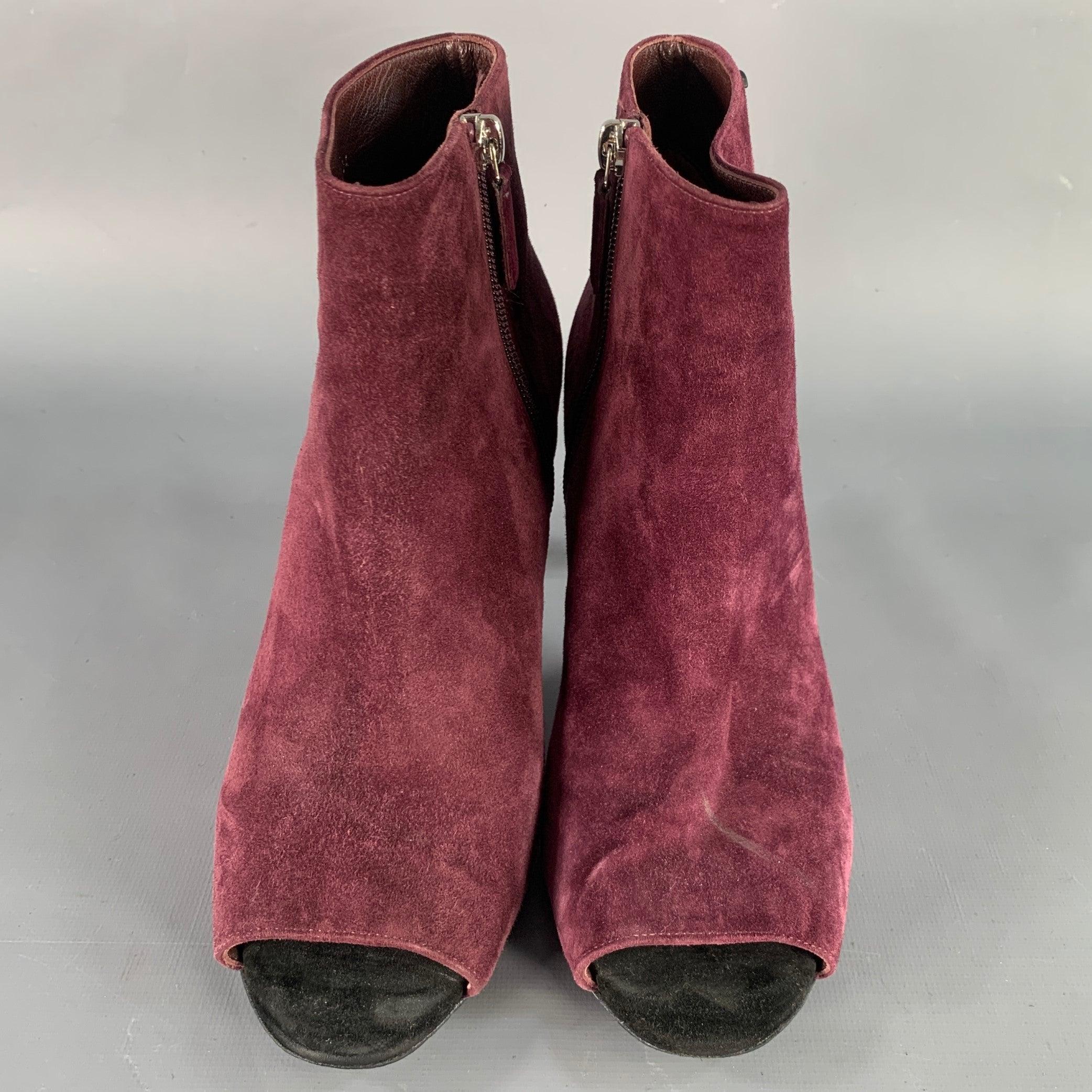 Women's CHANEL Size 8.5 Burgundy Suede Peep Toe Side Zipper Ankle Boots For Sale