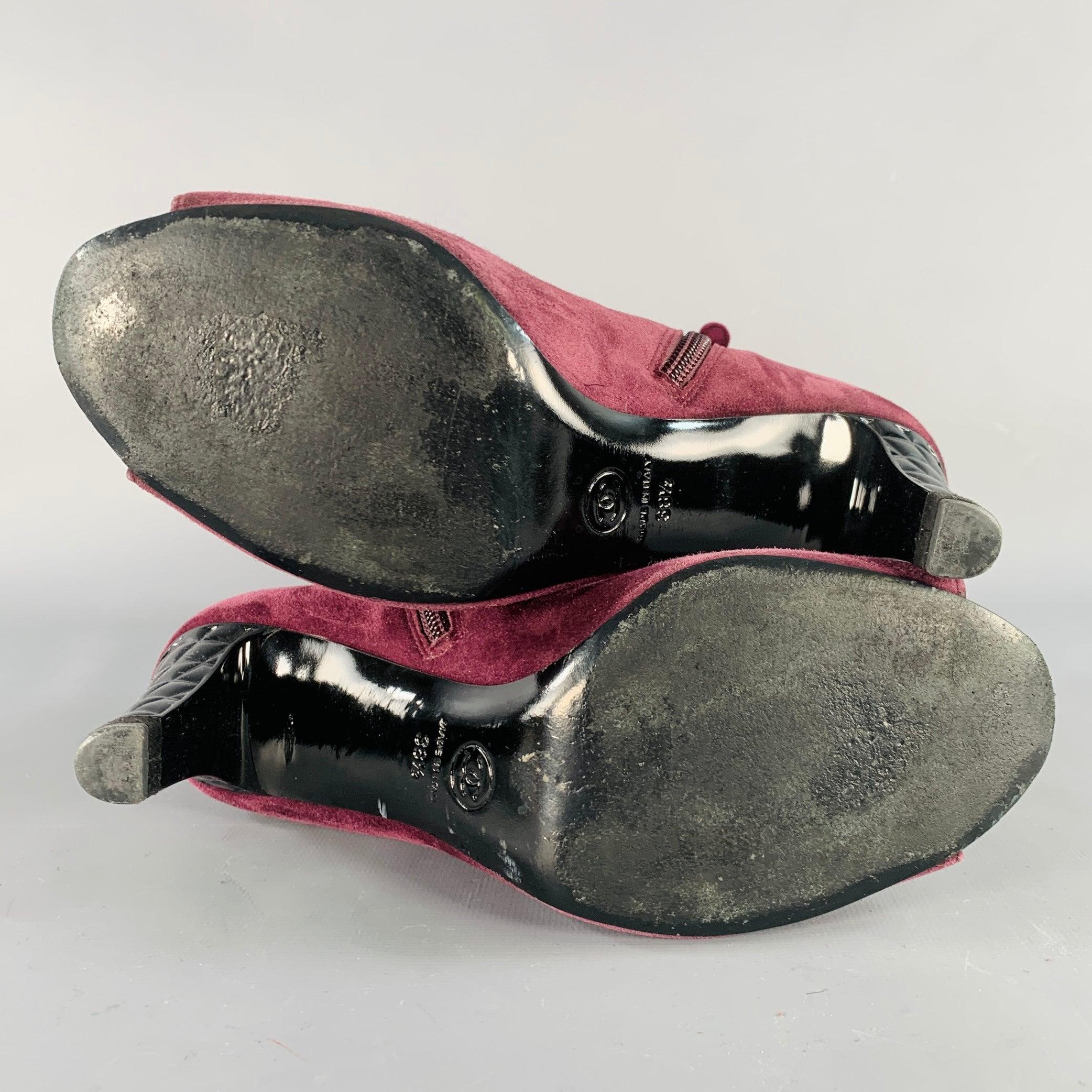 CHANEL Size 8.5 Burgundy Suede Peep Toe Side Zipper Ankle Boots For Sale 2