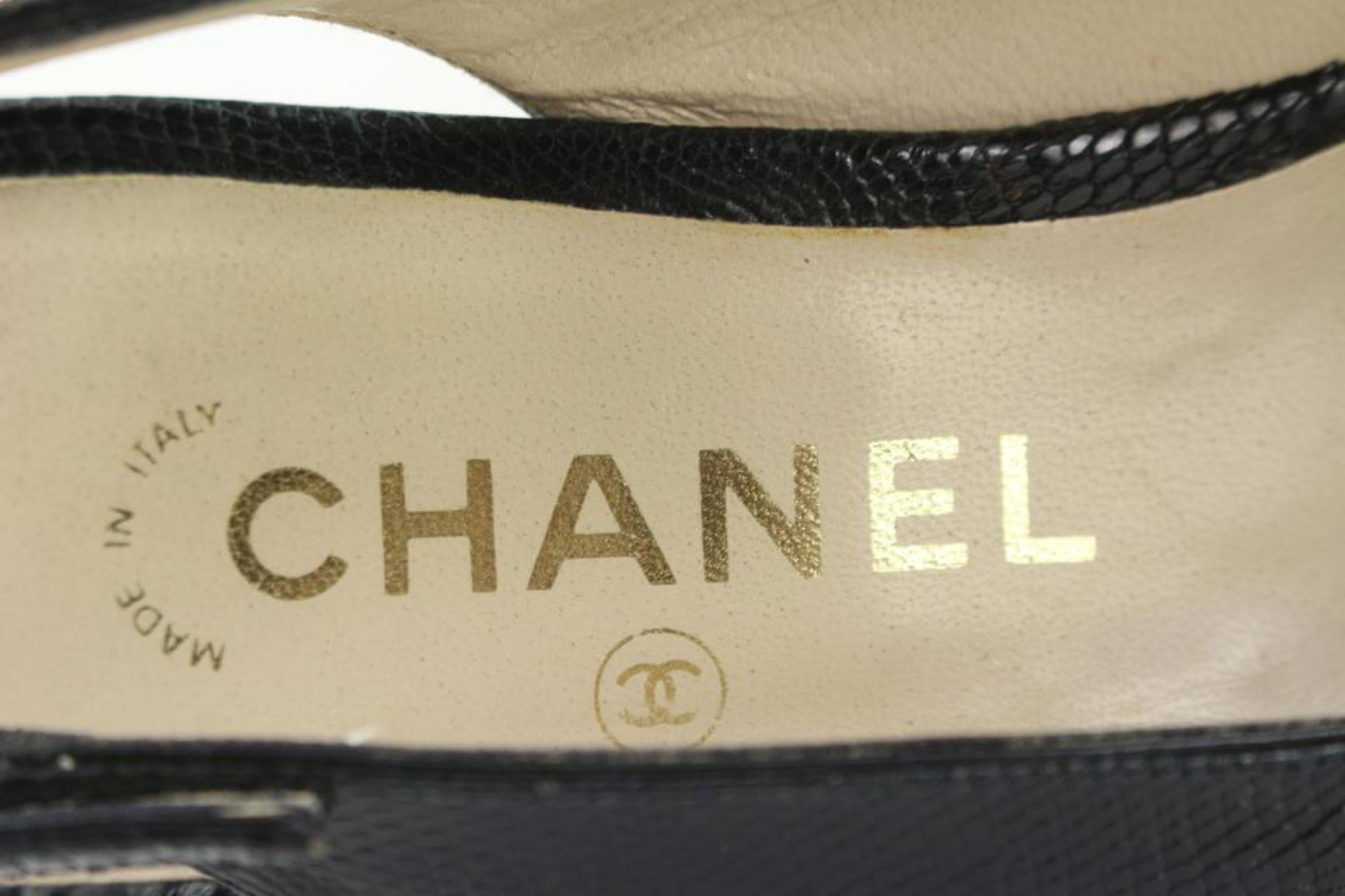 Chanel Size 9 A Black Lizard Grosgrain Cap Toe CC Slingback Sandals 2CC1115 For Sale 5