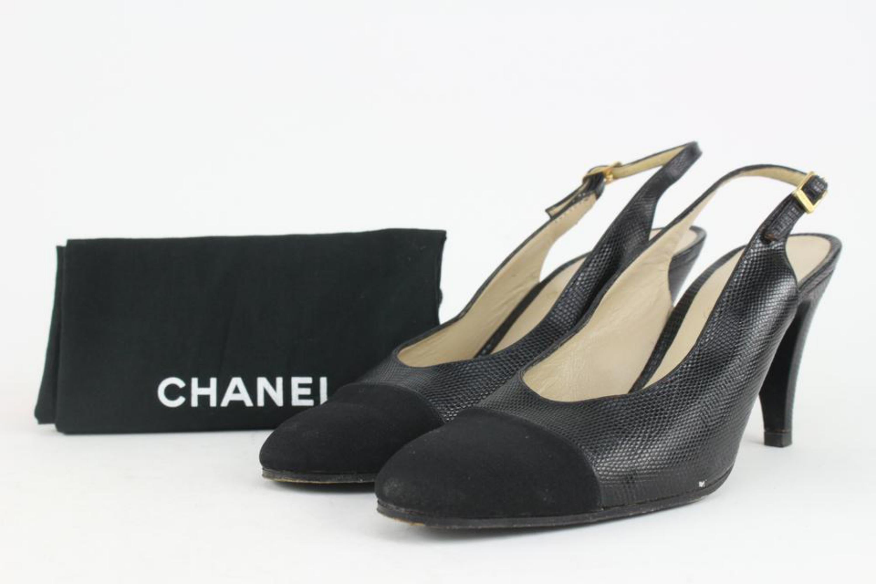 Chanel Size 9 A Black Lizard Grosgrain Cap Toe CC Slingback Sandals 2CC1115 For Sale 6