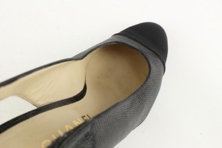 Chanel Size 9 A Black Lizard Grosgrain Cap Toe CC Slingback Sandals 2CC1115  For Sale at 1stDibs
