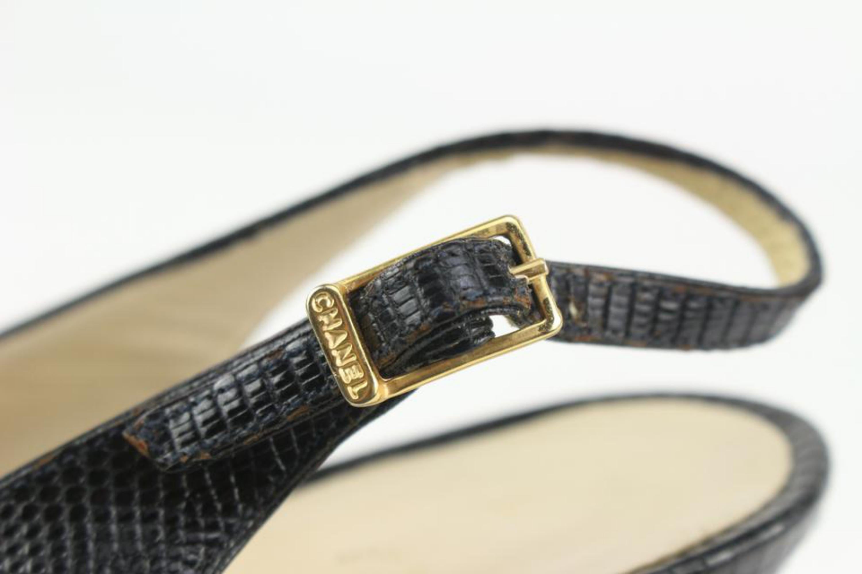 Women's Chanel Size 9 A Black Lizard Grosgrain Cap Toe CC Slingback Sandals 2CC1115 For Sale
