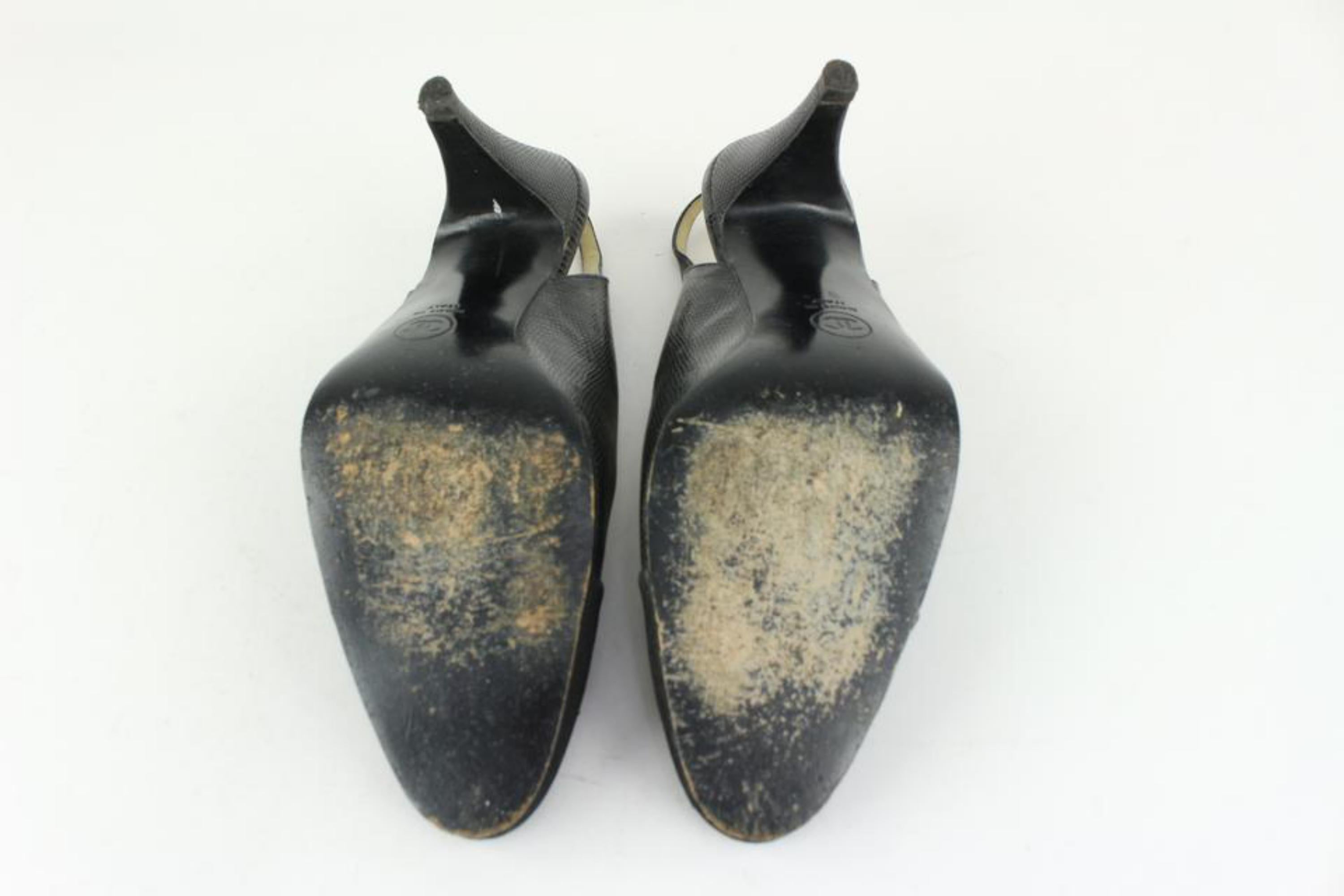 Chanel Size 9 A Black Lizard Grosgrain Cap Toe CC Slingback Sandals 2CC1115 1