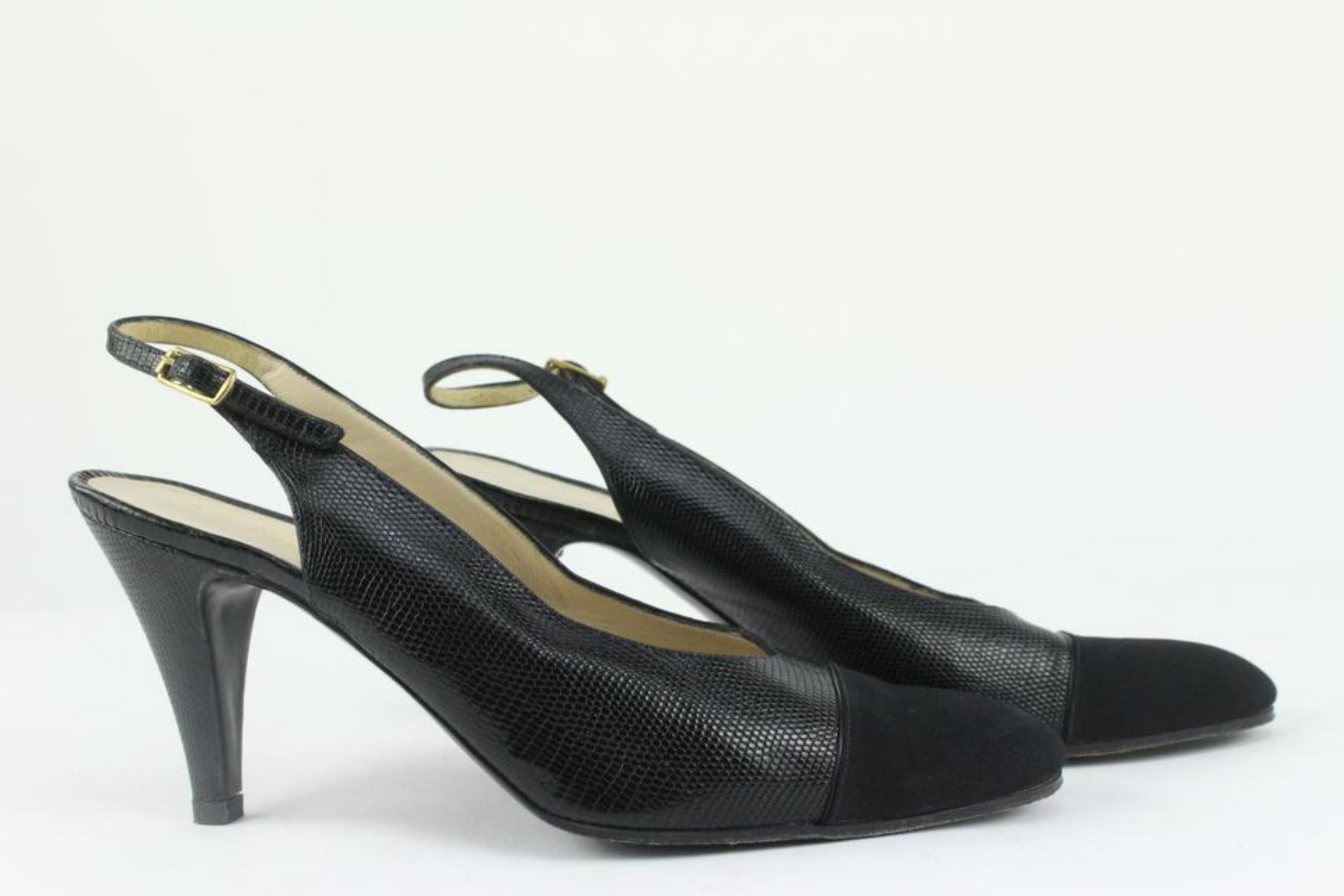 Chanel Size 9 A Black Lizard Grosgrain Cap Toe CC Slingback Sandals 2CC1115 For Sale 2