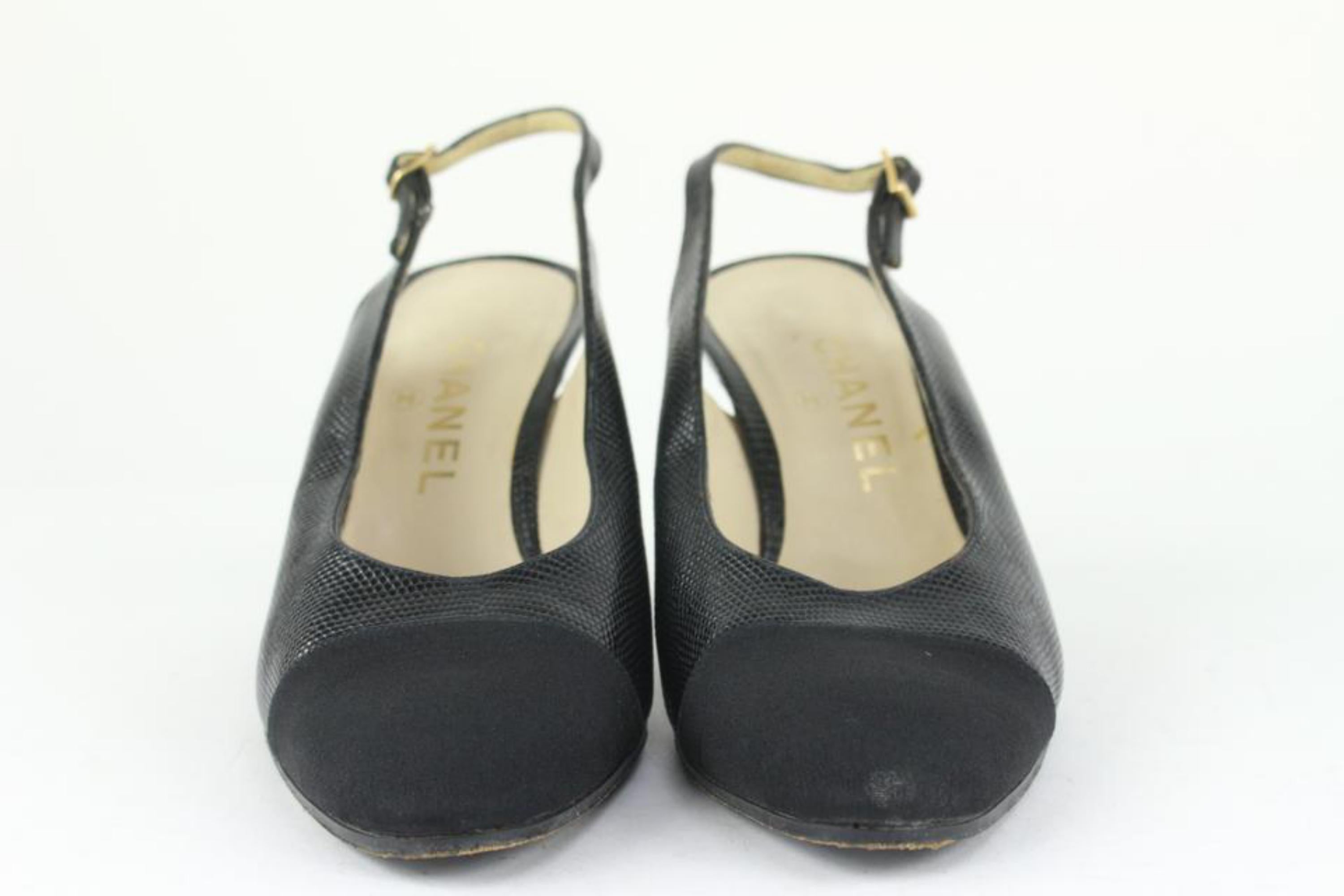 Chanel Size 9 A Black Lizard Grosgrain Cap Toe CC Slingback Sandals 2CC1115 For Sale 3