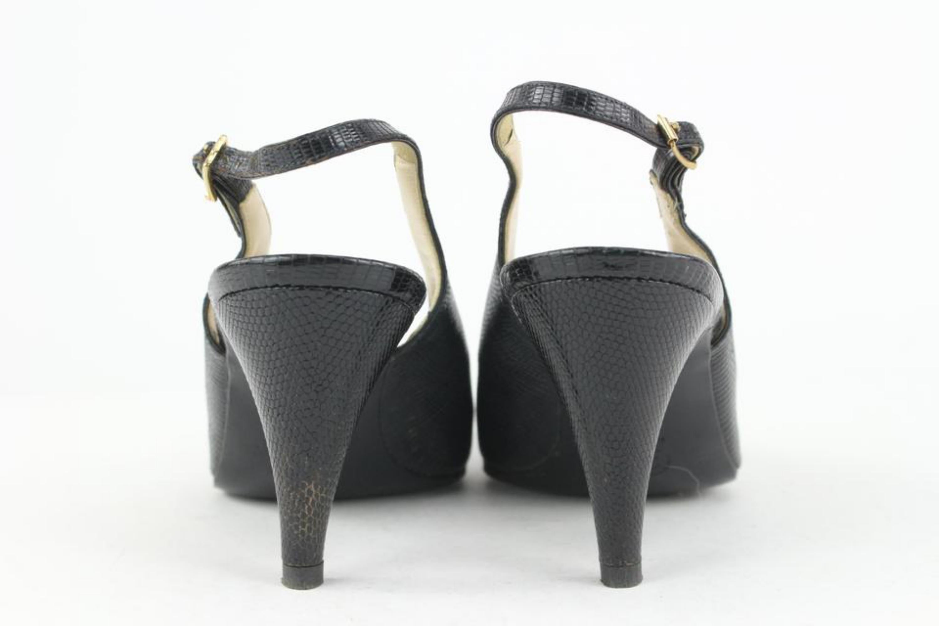 Chanel Size 9 A Black Lizard Grosgrain Cap Toe CC Slingback Sandals 2CC1115 4