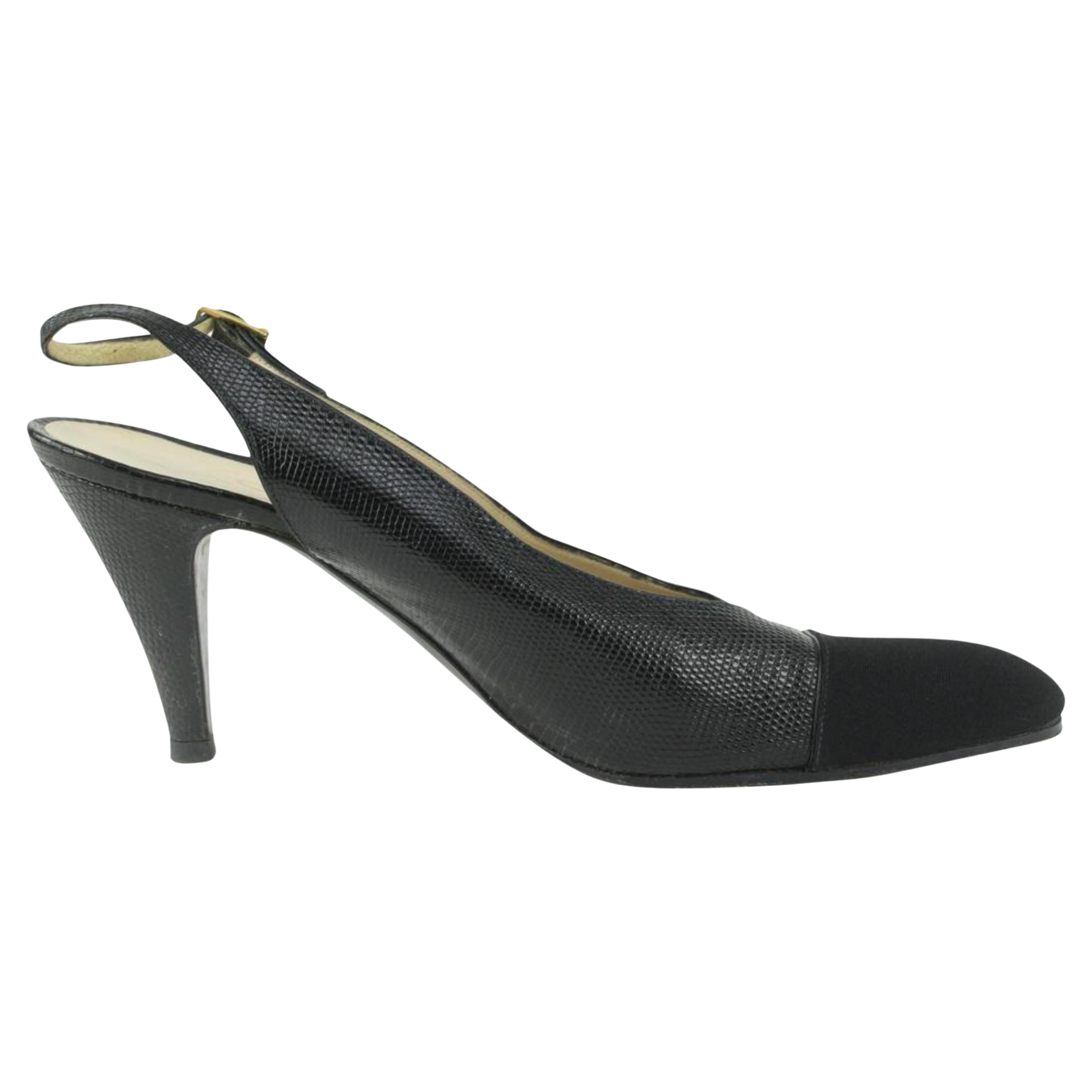 Chanel Size 9 A Black Lizard Grosgrain Cap Toe CC Slingback Sandals 2CC1115 For Sale